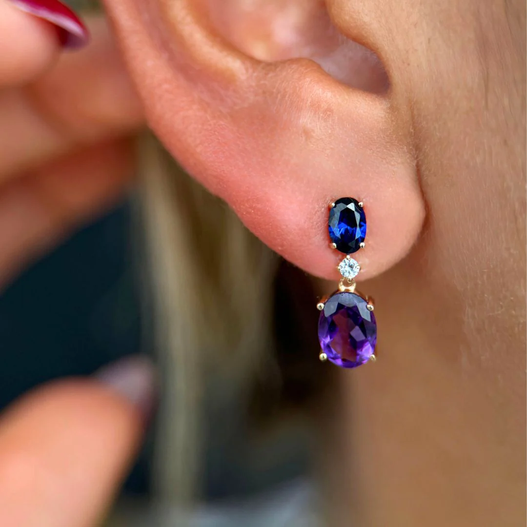 Yellow Gold Oval Sapphire Amethyst Dangle Earring - Image 2