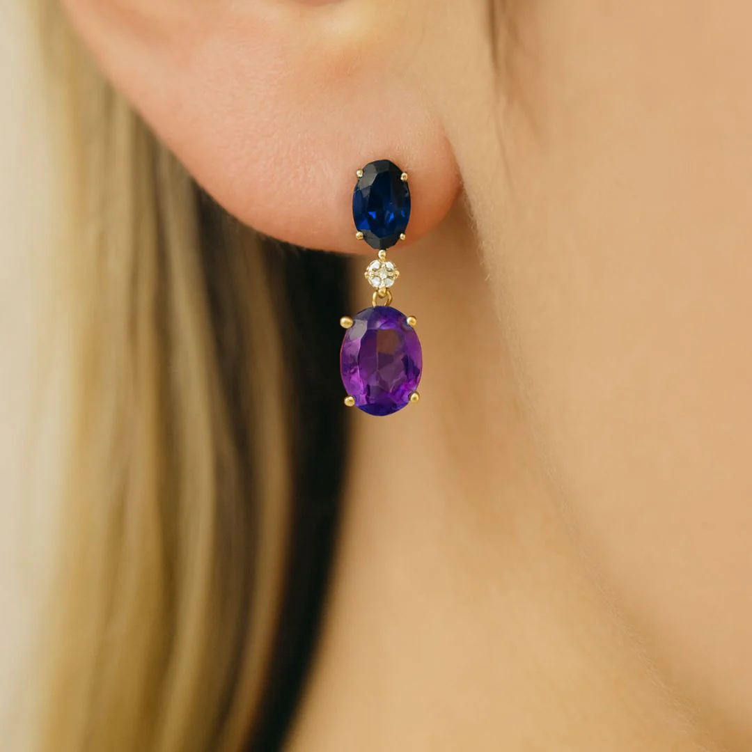Yellow Gold Oval Sapphire Amethyst Dangle Earring - Image 5