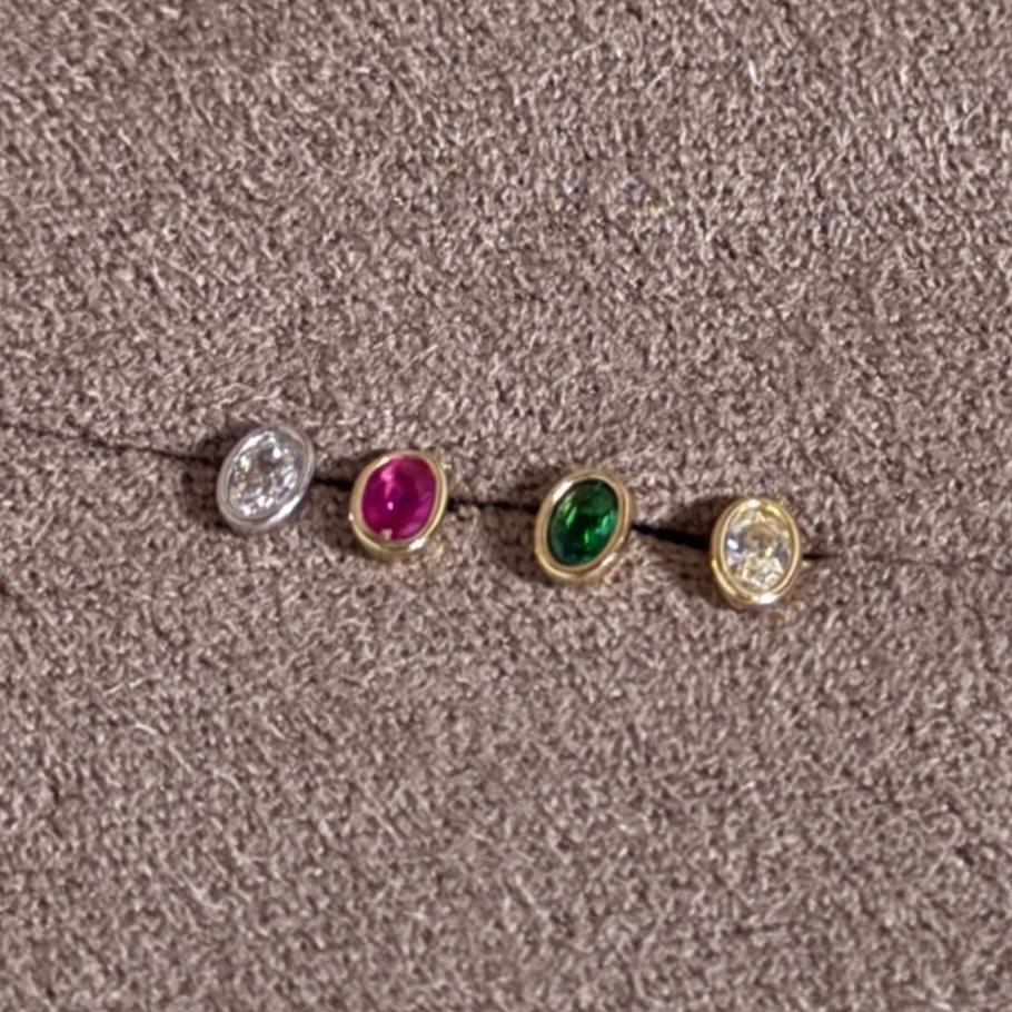 Yellow Gold Oval Emerald Bezel Set Flat Back Earring - Image 2