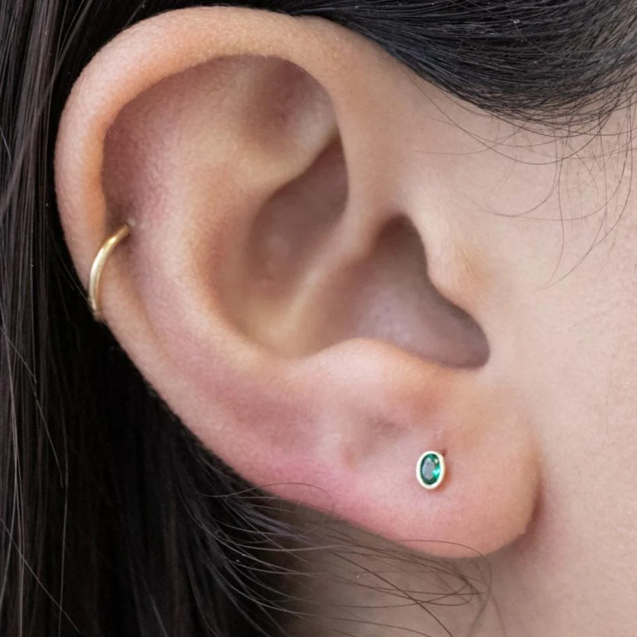 Yellow Gold Oval Emerald Bezel Set Flat Back Earring - Image 5