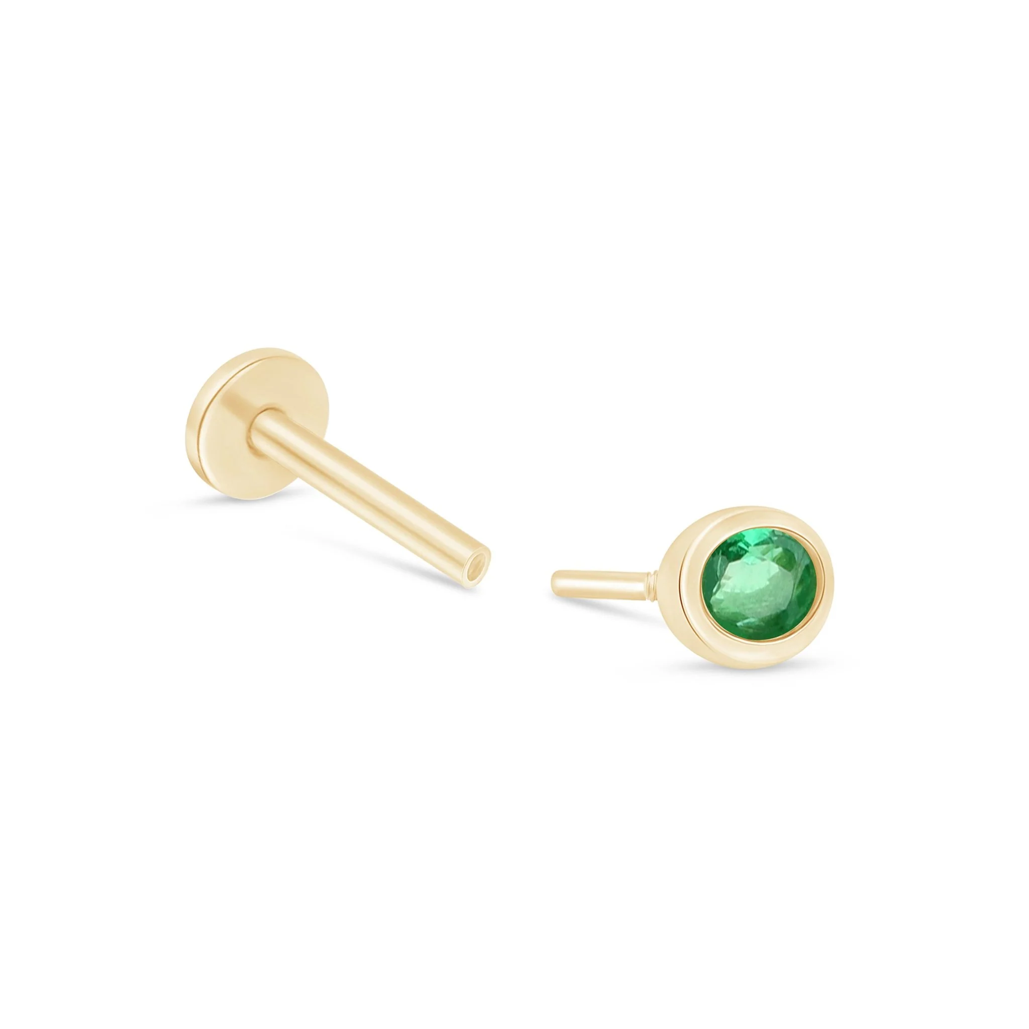 Yellow Gold Oval Emerald Bezel Set Flat Back Earring - Image 7