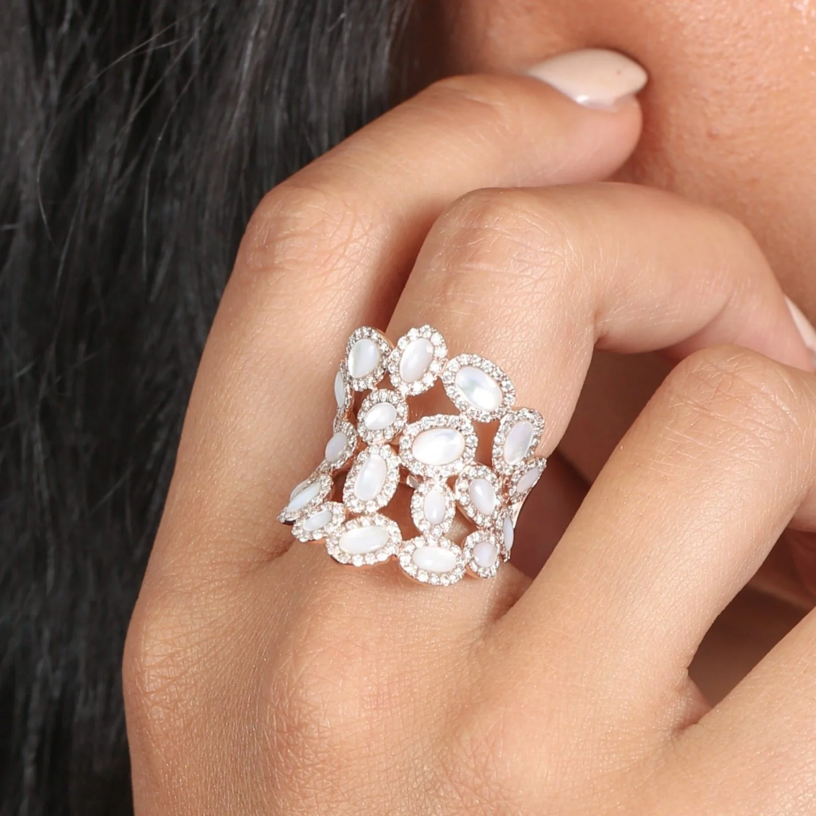 Oval Mother Of Pearl and Diamond Cluster Full Finger Ring in Solid 14k Rose Gold - Image 2