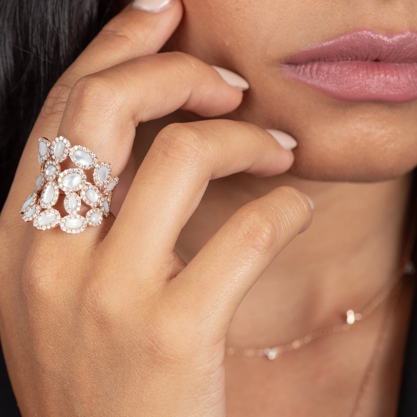 Oval Mother Of Pearl and Diamond Cluster Full Finger Ring in Solid 14k Rose Gold - Image 4