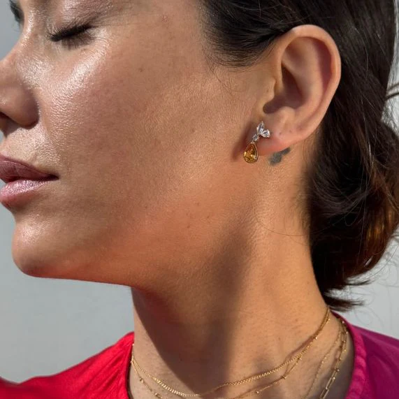 Yellow Gold Pear Cut Citrine Sapphire Dangle Earring - Image 3