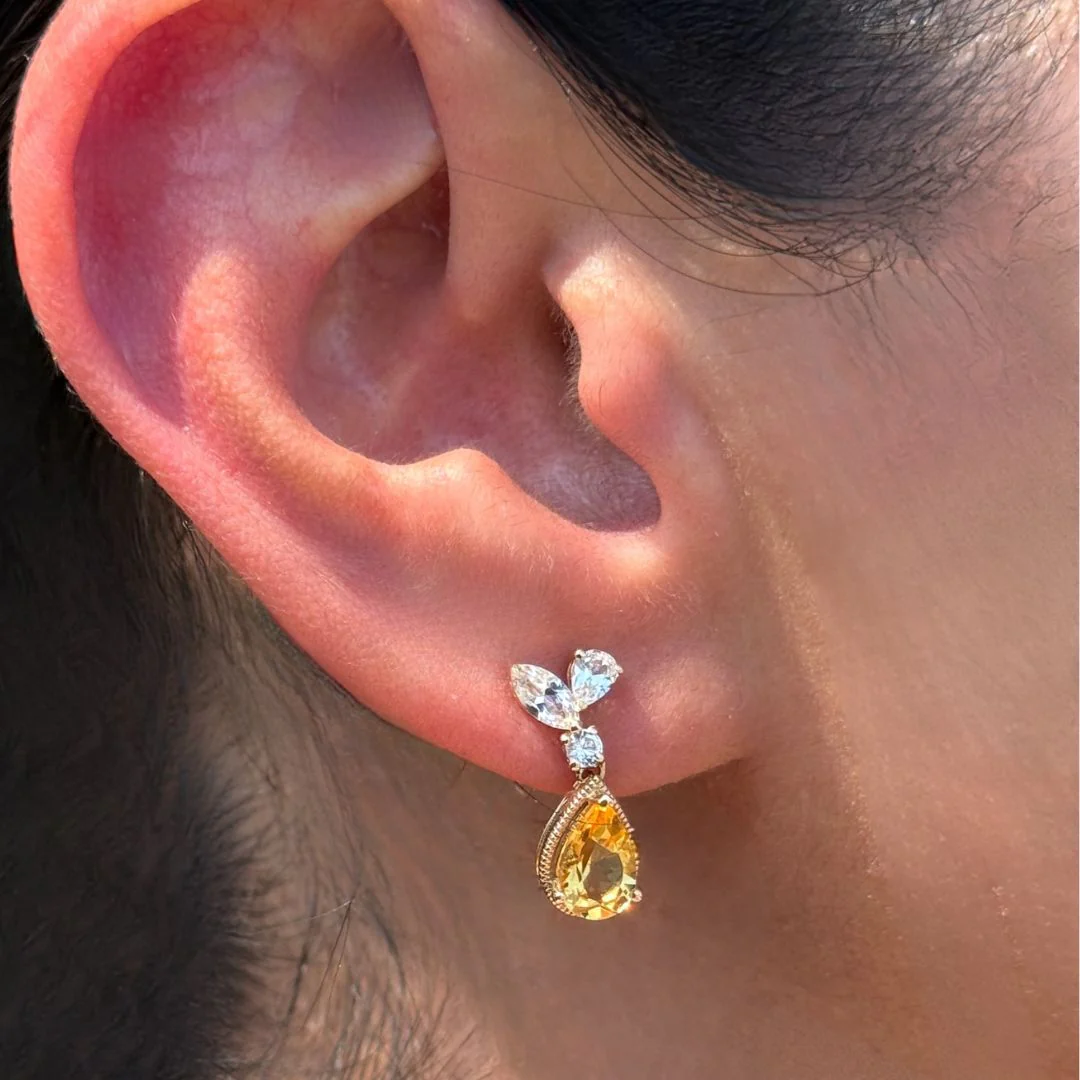Yellow Gold Pear Cut Citrine Sapphire Dangle Earring - Image 4