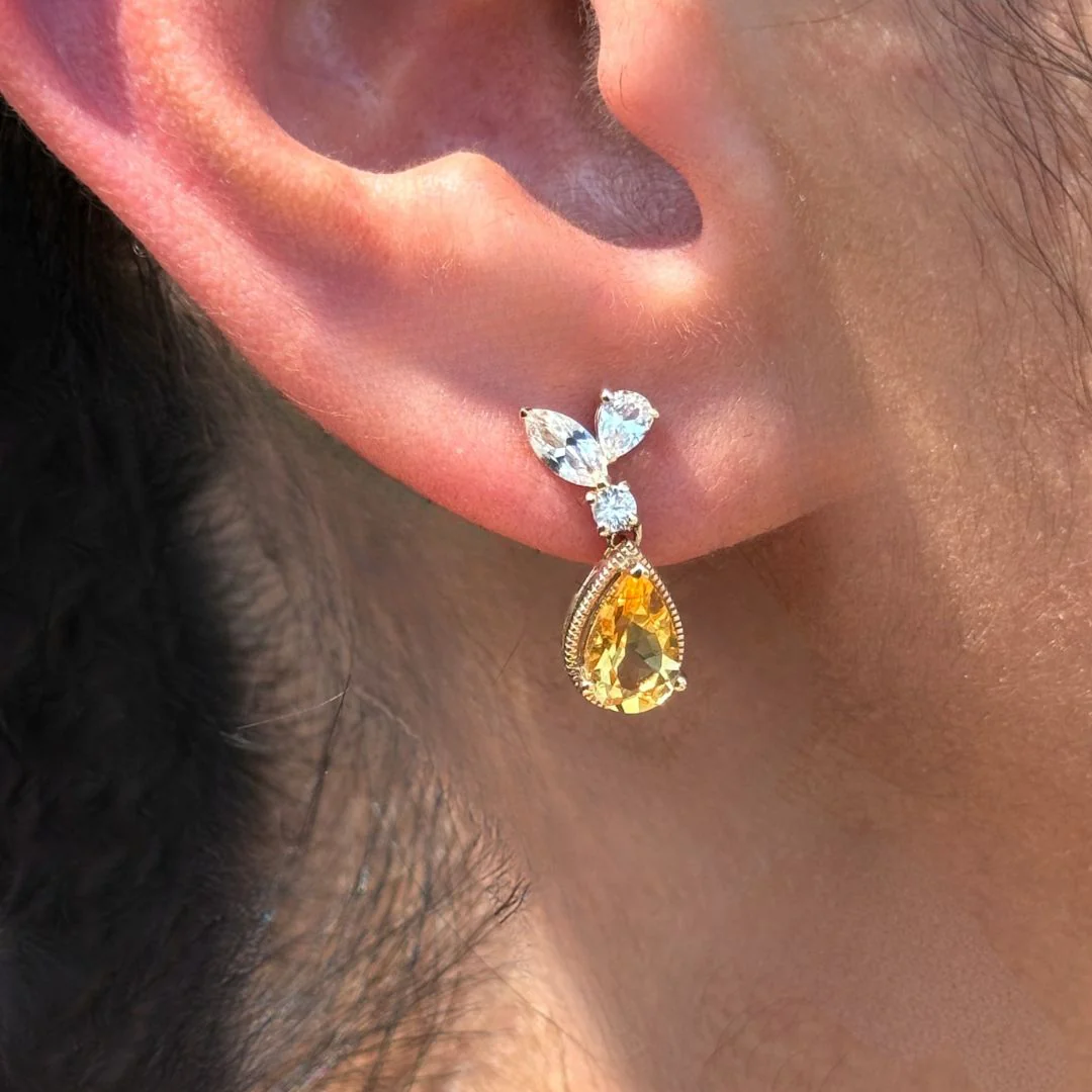 Yellow Gold Pear Cut Citrine Sapphire Dangle Earring - Image 7