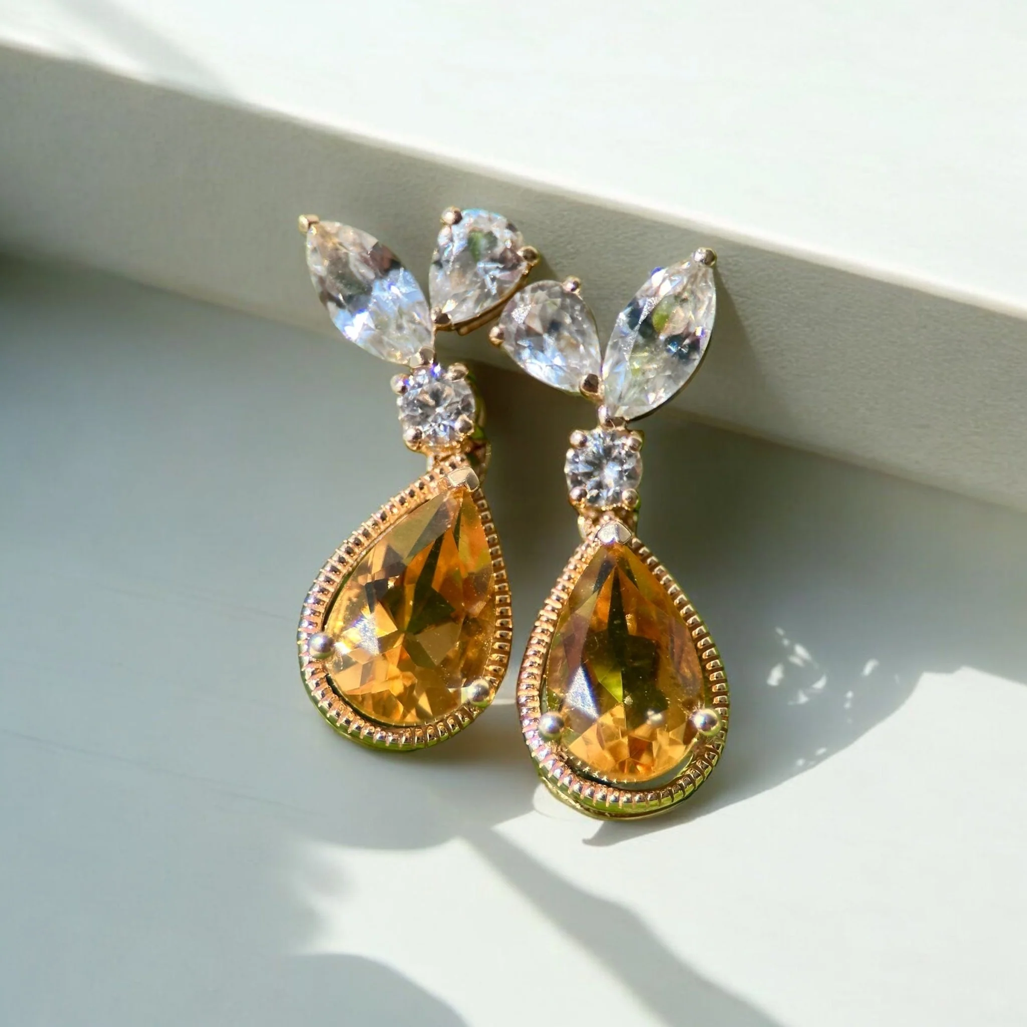 Yellow Gold Pear Cut Citrine Sapphire Dangle Earring - Image 8