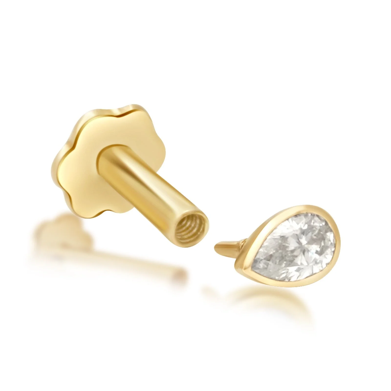 Yellow Gold Pear Diamond Bezel Set Flat Back Earring