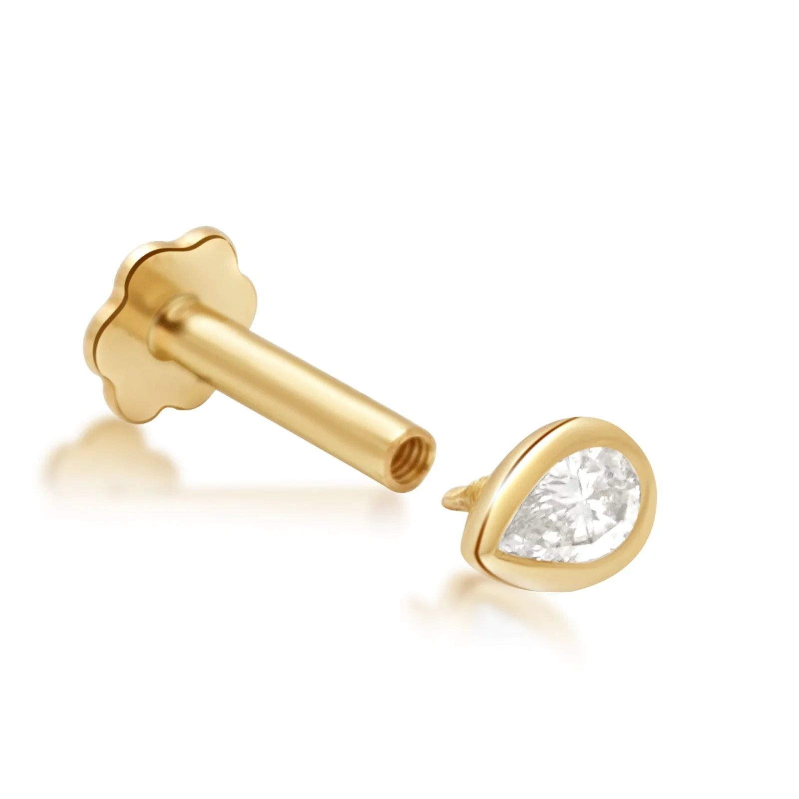 Yellow Gold Pear Diamond Bezel Set Flat Back Earring - Image 2