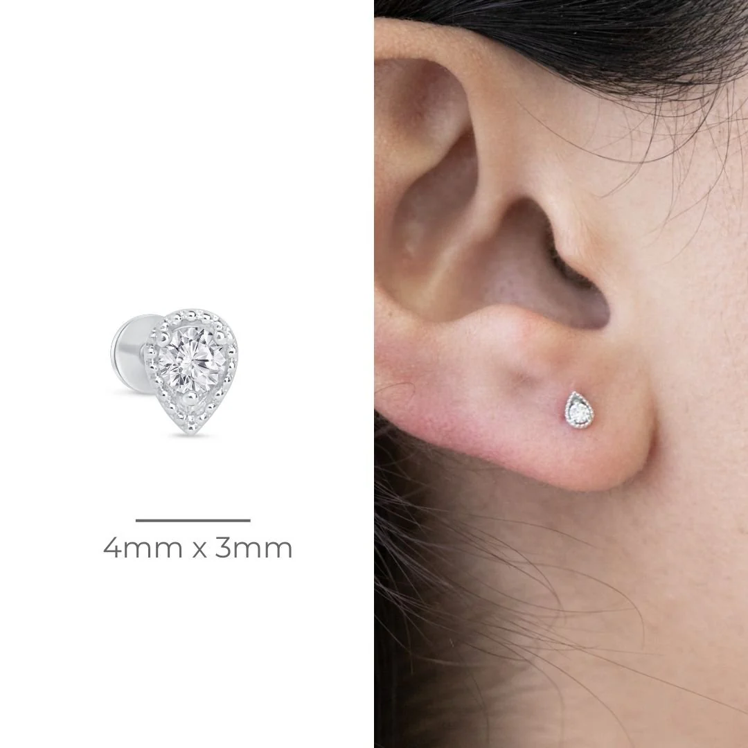 White Gold Pear Diamond Milgrain Set Flat Back Earring - Image 7