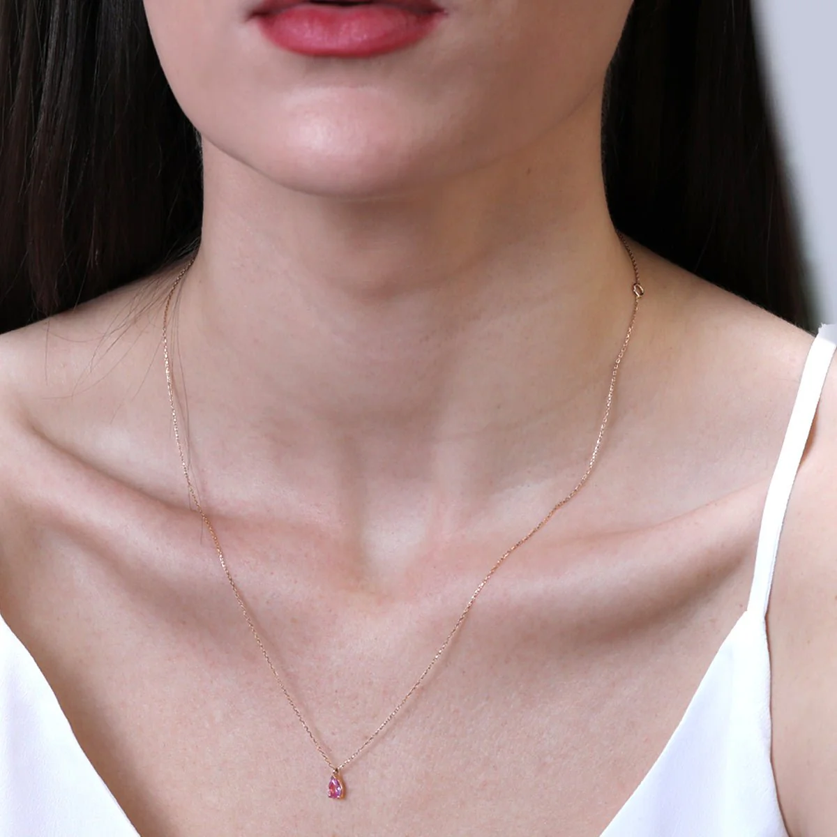 Yellow Gold Pear Pink Topaz Pendant Necklace - Image 2