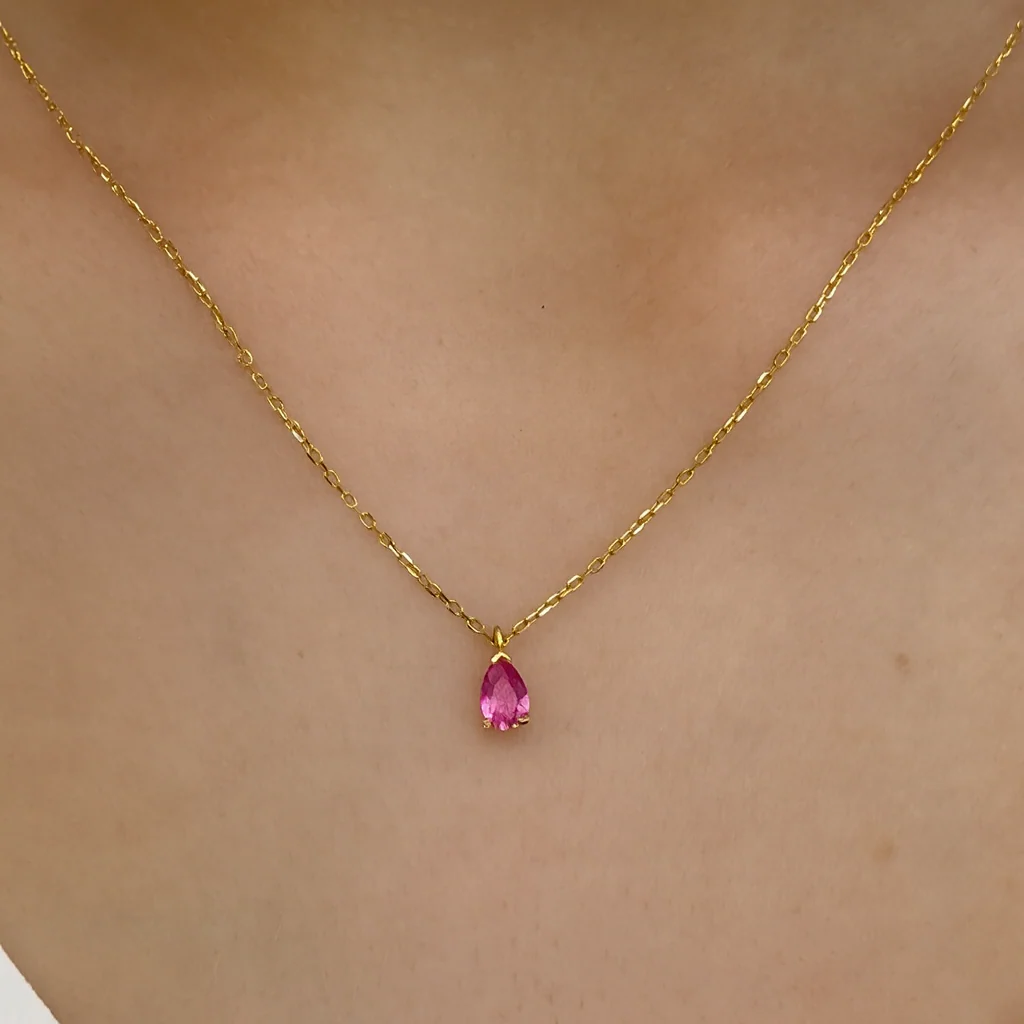 Yellow Gold Pear Pink Topaz Pendant Necklace - Image 3