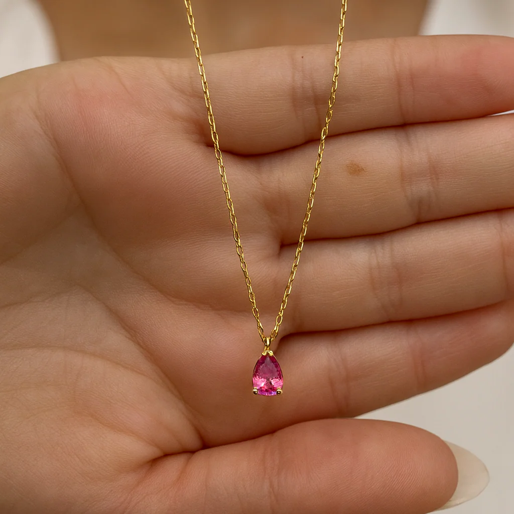 Yellow Gold Pear Pink Topaz Pendant Necklace - Image 4