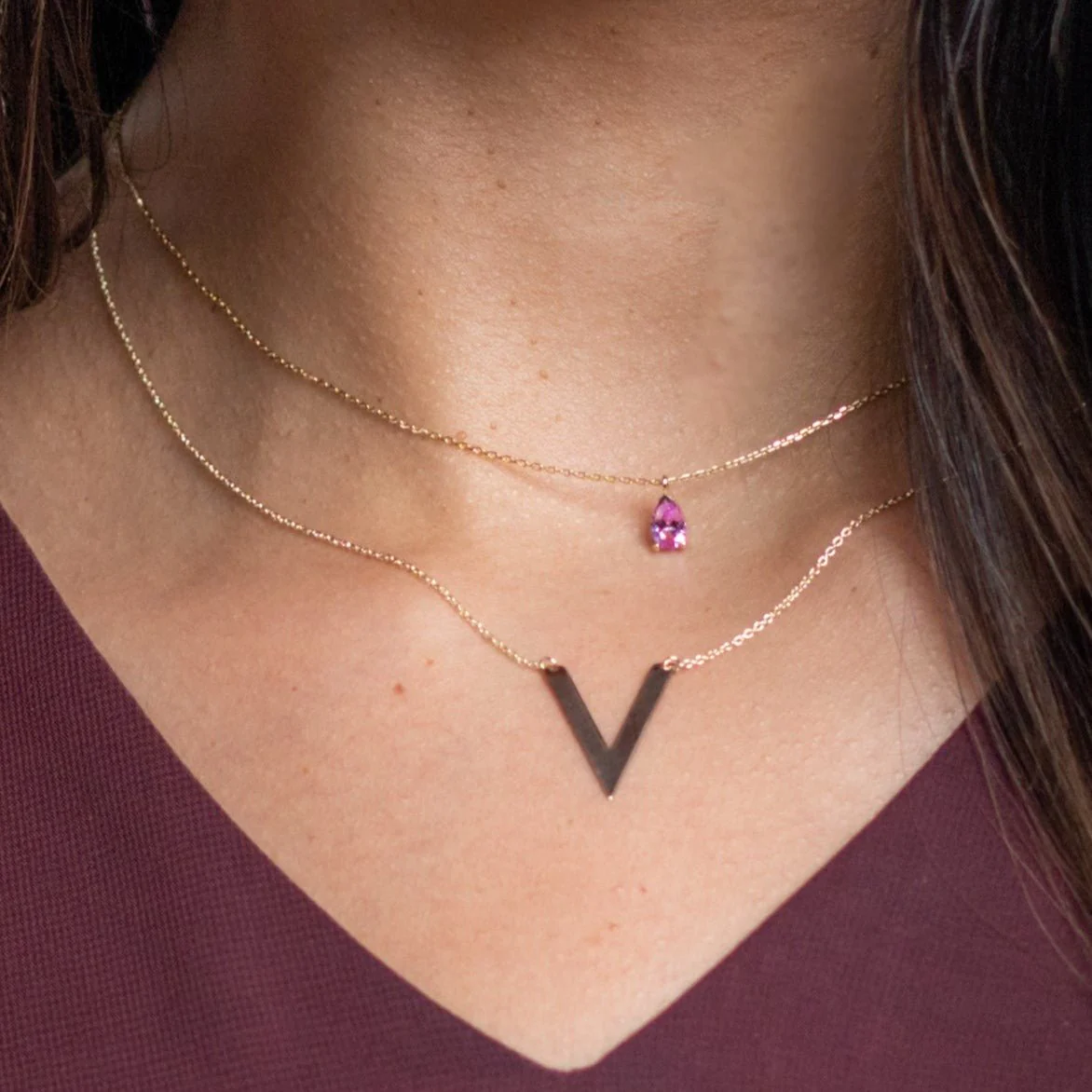 Yellow Gold Pear Pink Topaz Pendant Necklace - Image 5