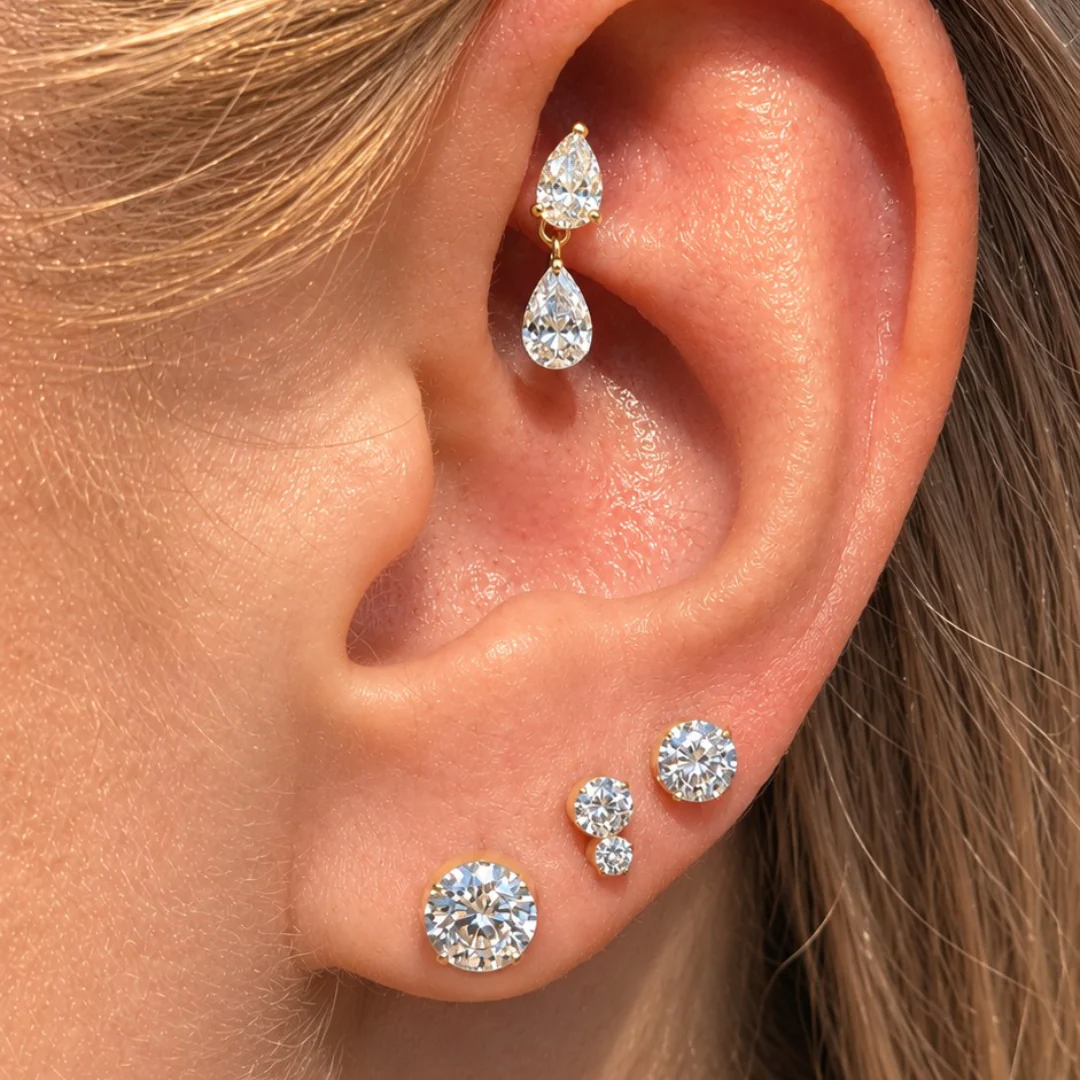 Yellow Gold Double Lab Grown Diamond Flat Back Earring - Image 5