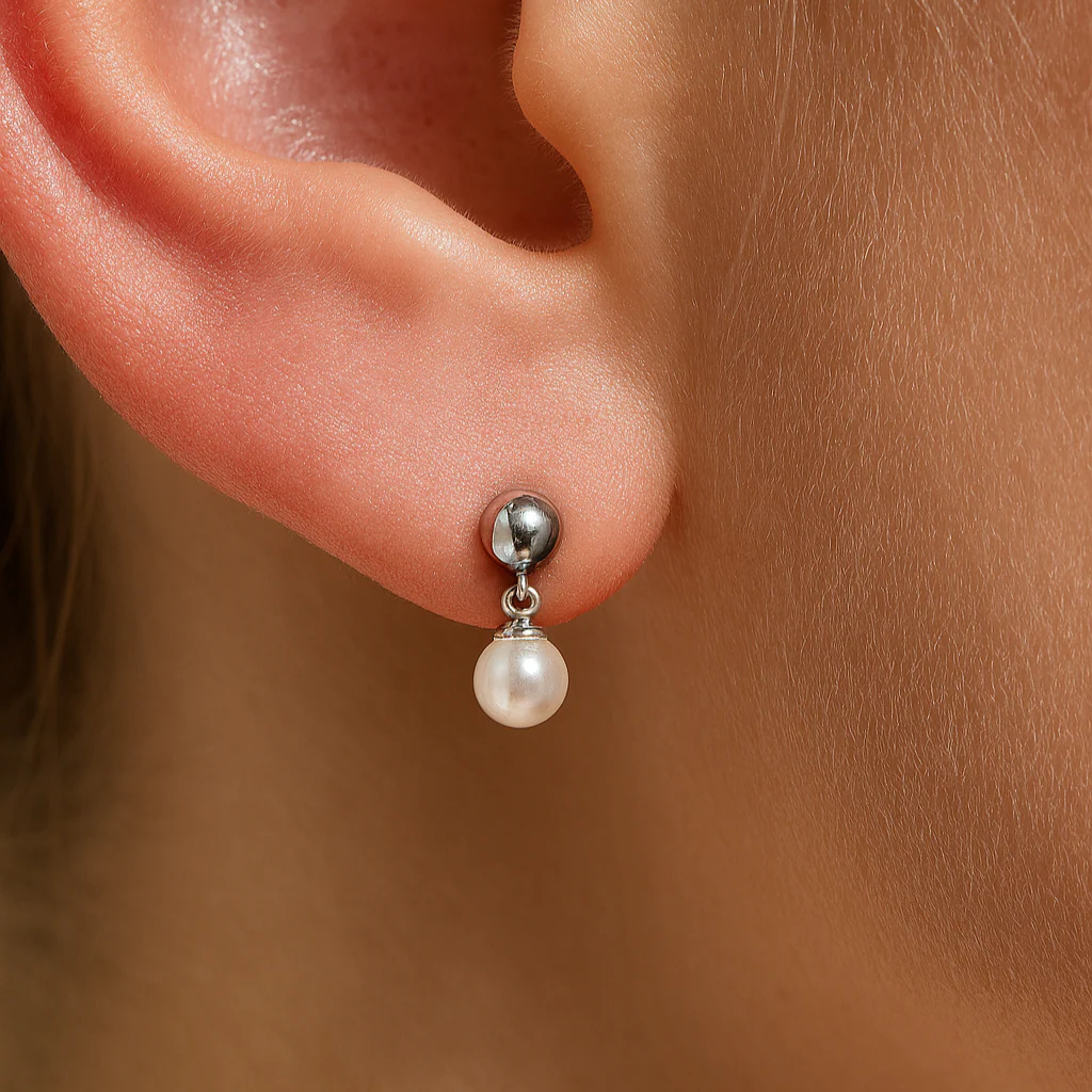 White Gold Pearl Drop Flat Back Threaded Stud Earring - Image 2