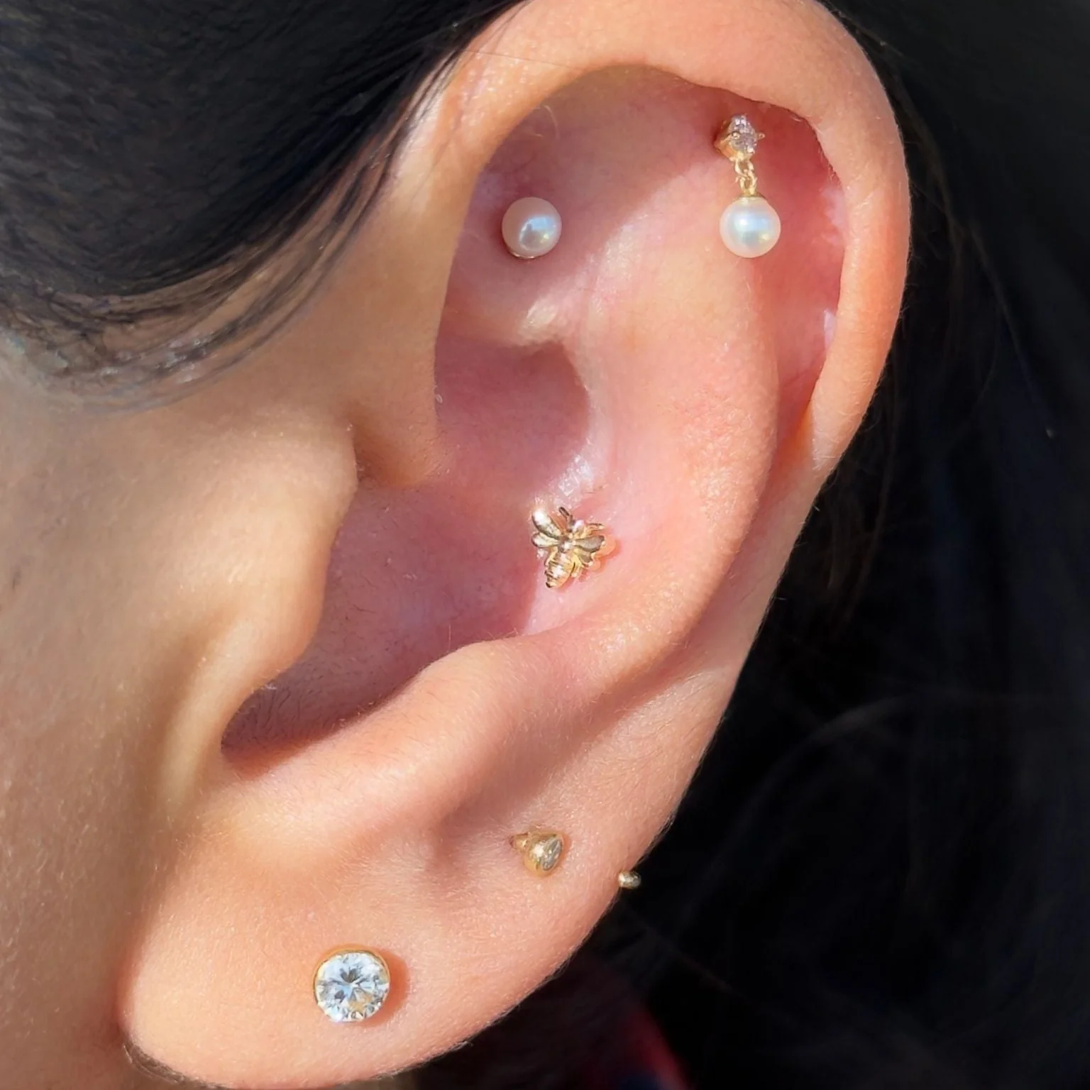 Yellow Gold Pearl Threaded Flat Back Earring - Image 9