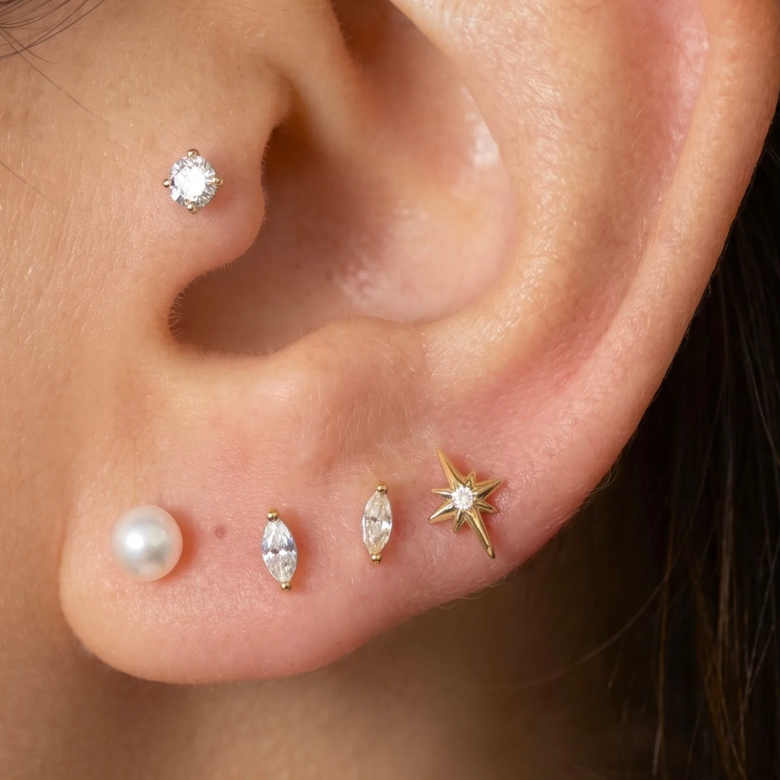 Yellow Gold Pearl Threaded Flat Back Earring - Image 8