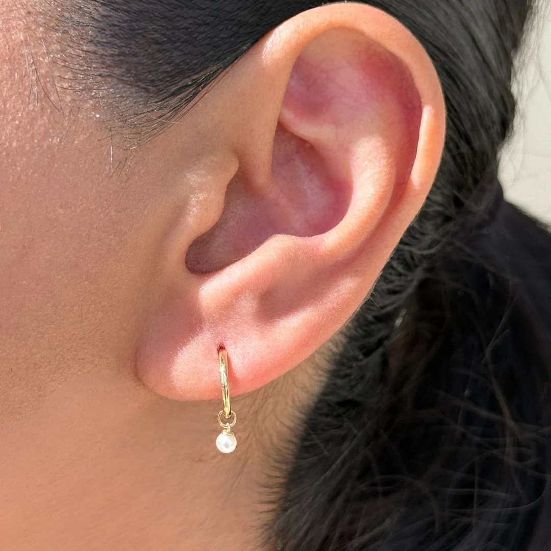 Yellow Gold Pearl Charm Hoop - Image 2