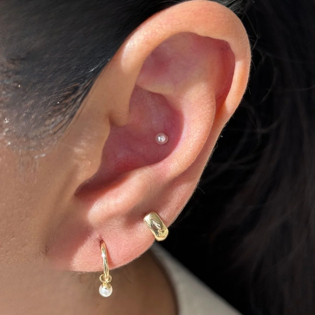 Yellow Gold Pearl Charm Hoop - Image 3
