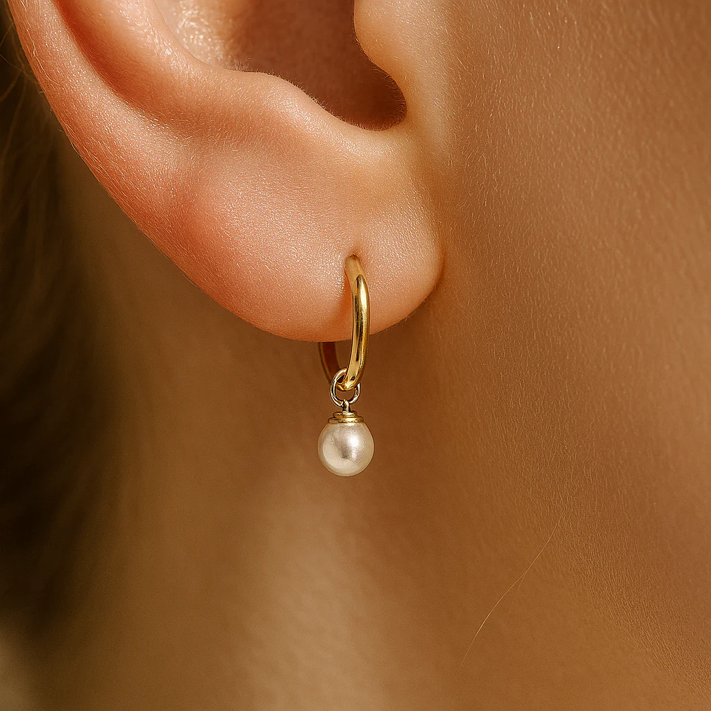 Yellow Gold Pearl Charm Hoop - Image 5