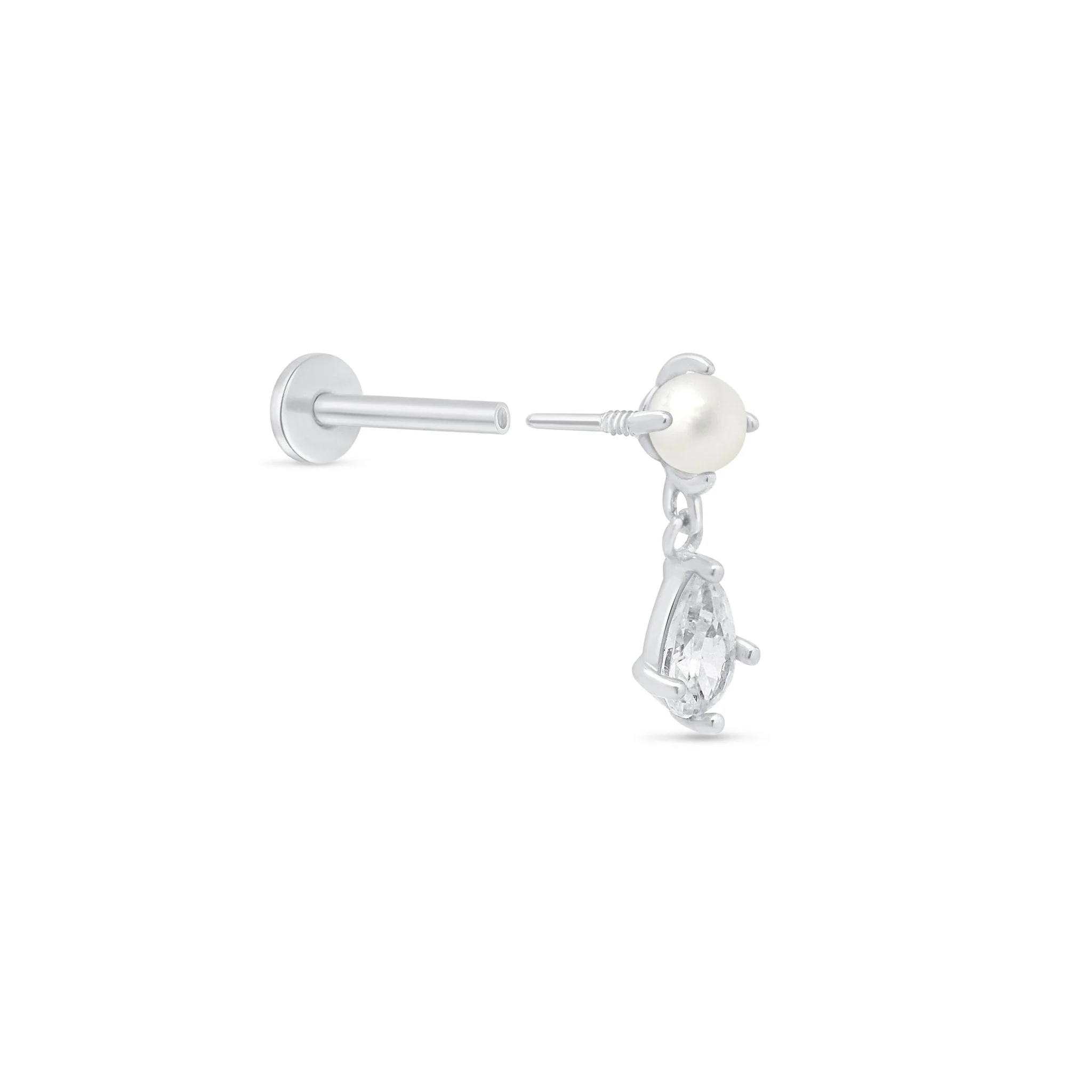 White Gold Pearl & Marquise Drop Flat Back Earring - Image 7