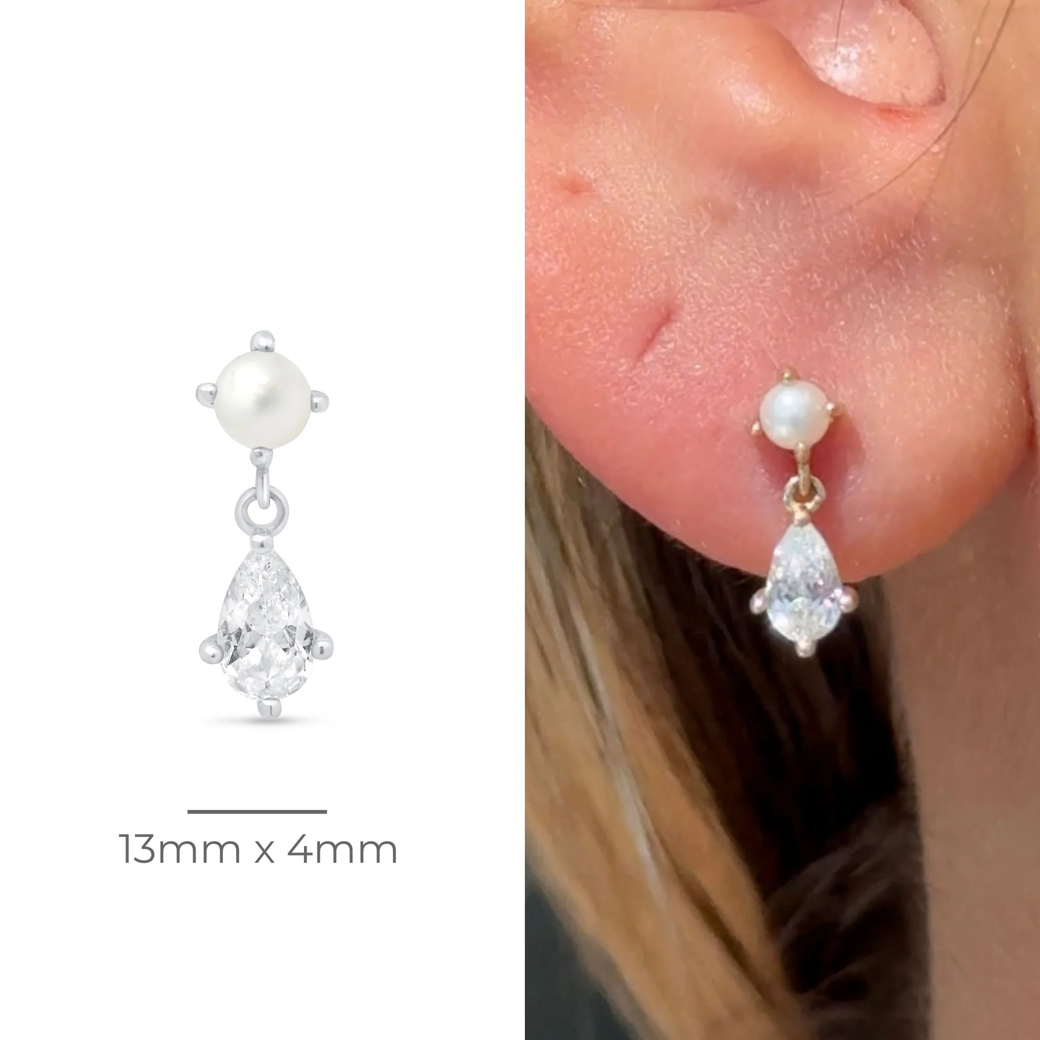 White Gold Pearl & Marquise Drop Flat Back Earring - Image 8