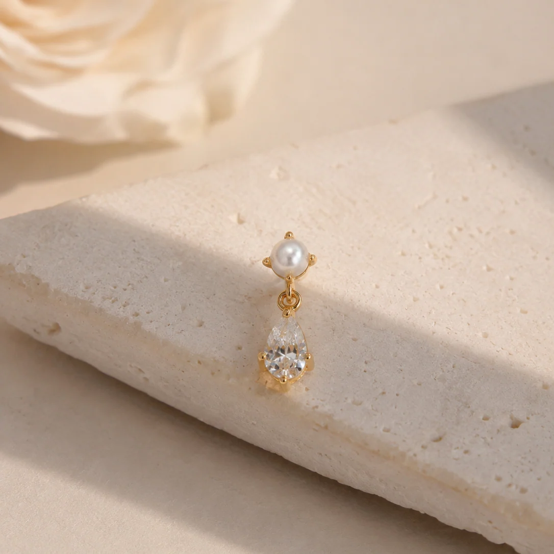 Yellow Gold Pearl & Marquise Drop Flat Back Earring - Image 7