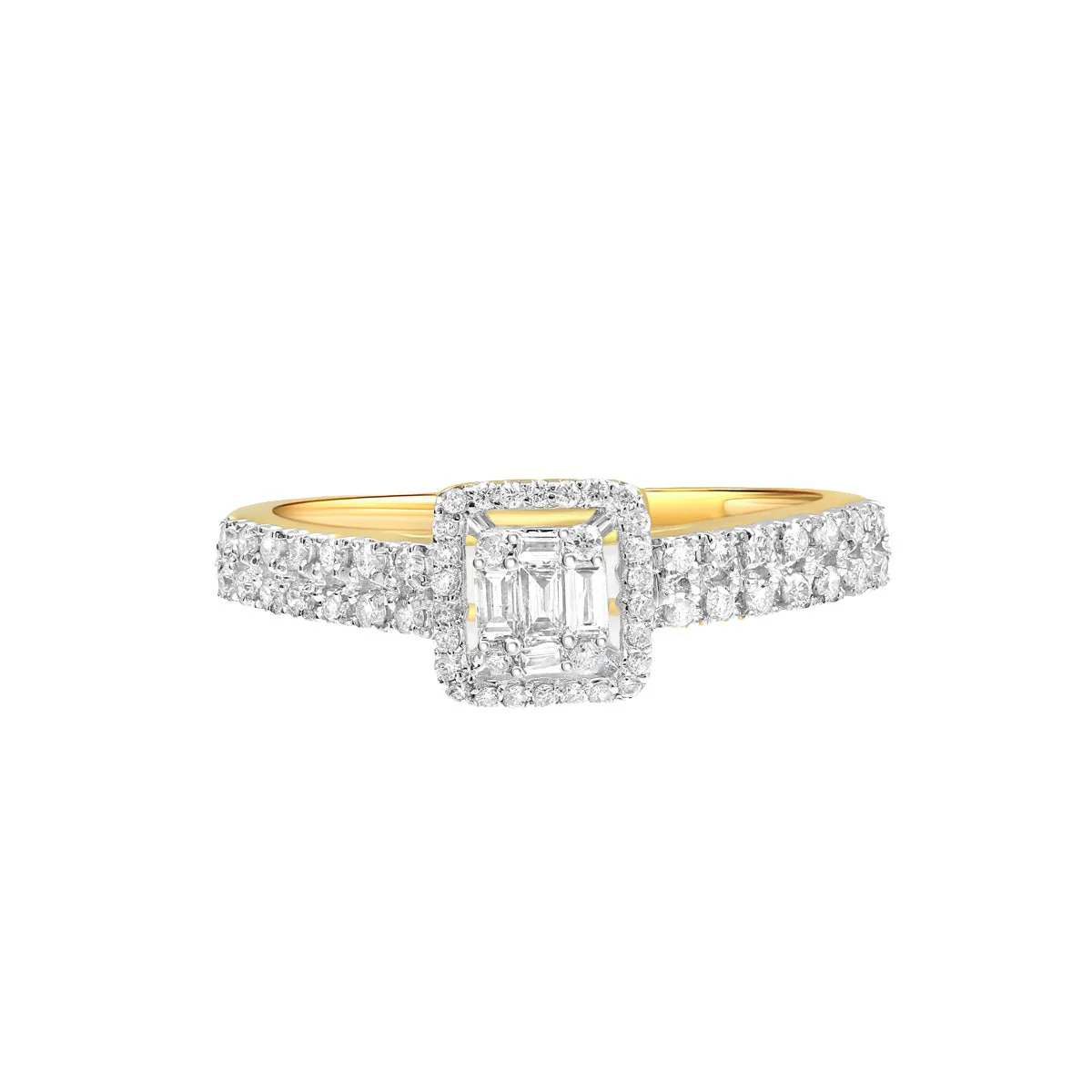 Petite Diamond Baguette Halo Eternity Ring in Solid 18k Yellow Gold