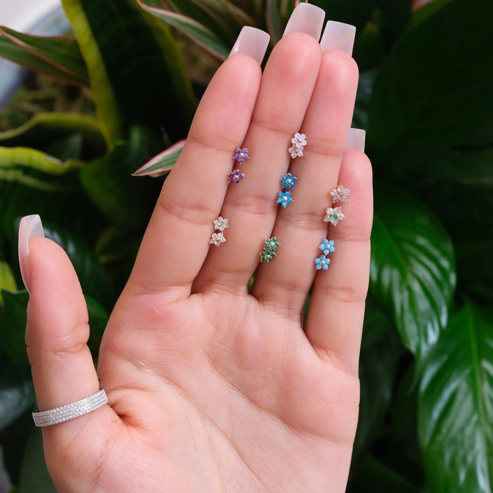 Rose Gold Pink Opal Flower Threaded Flat Back Earring - Image 4