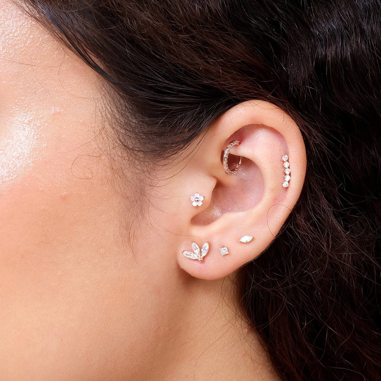 Rose Gold Pink Opal Flower Threaded Flat Back Earring - Image 5