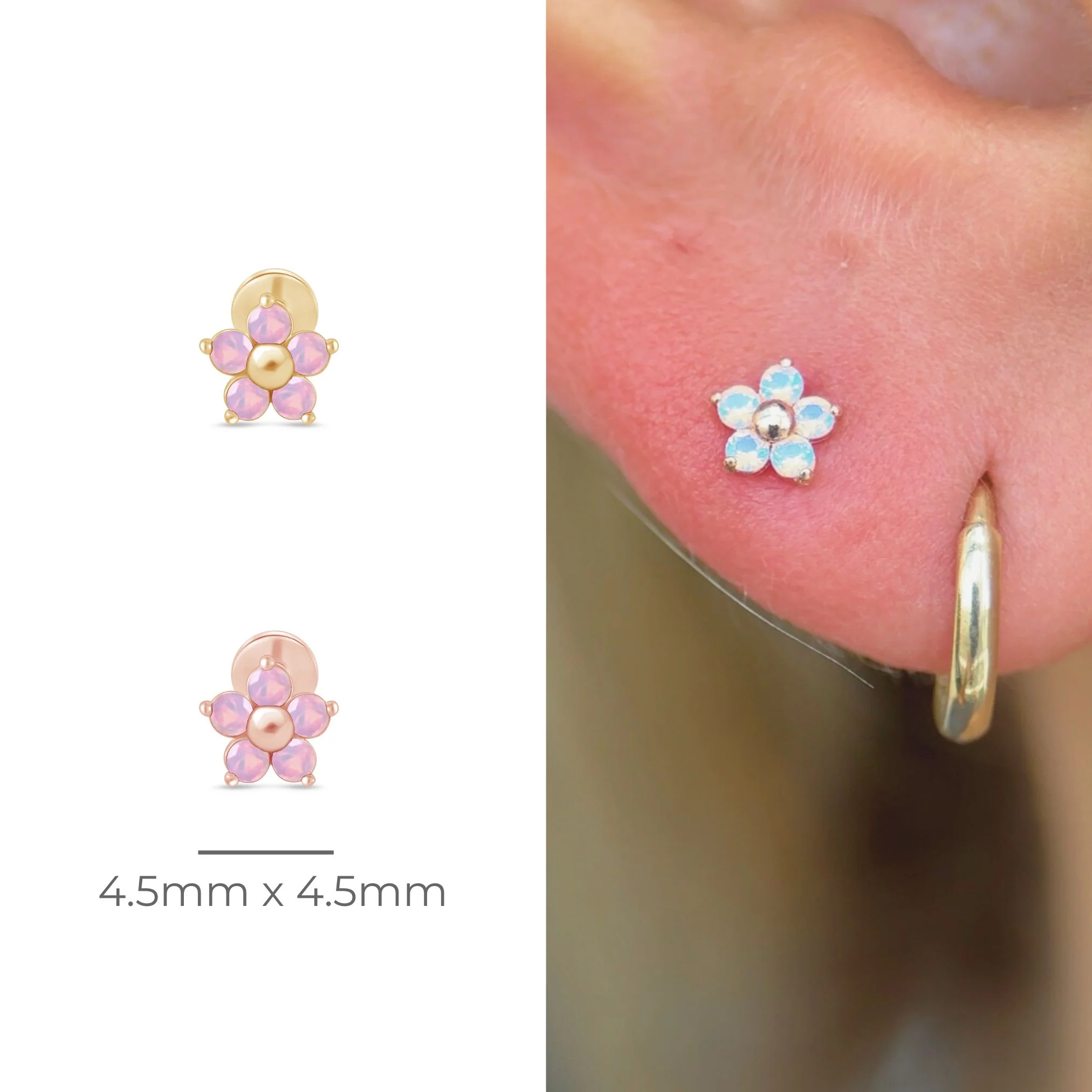 Yellow Gold Pink Opal Flower Flat Back Earring - Image 10