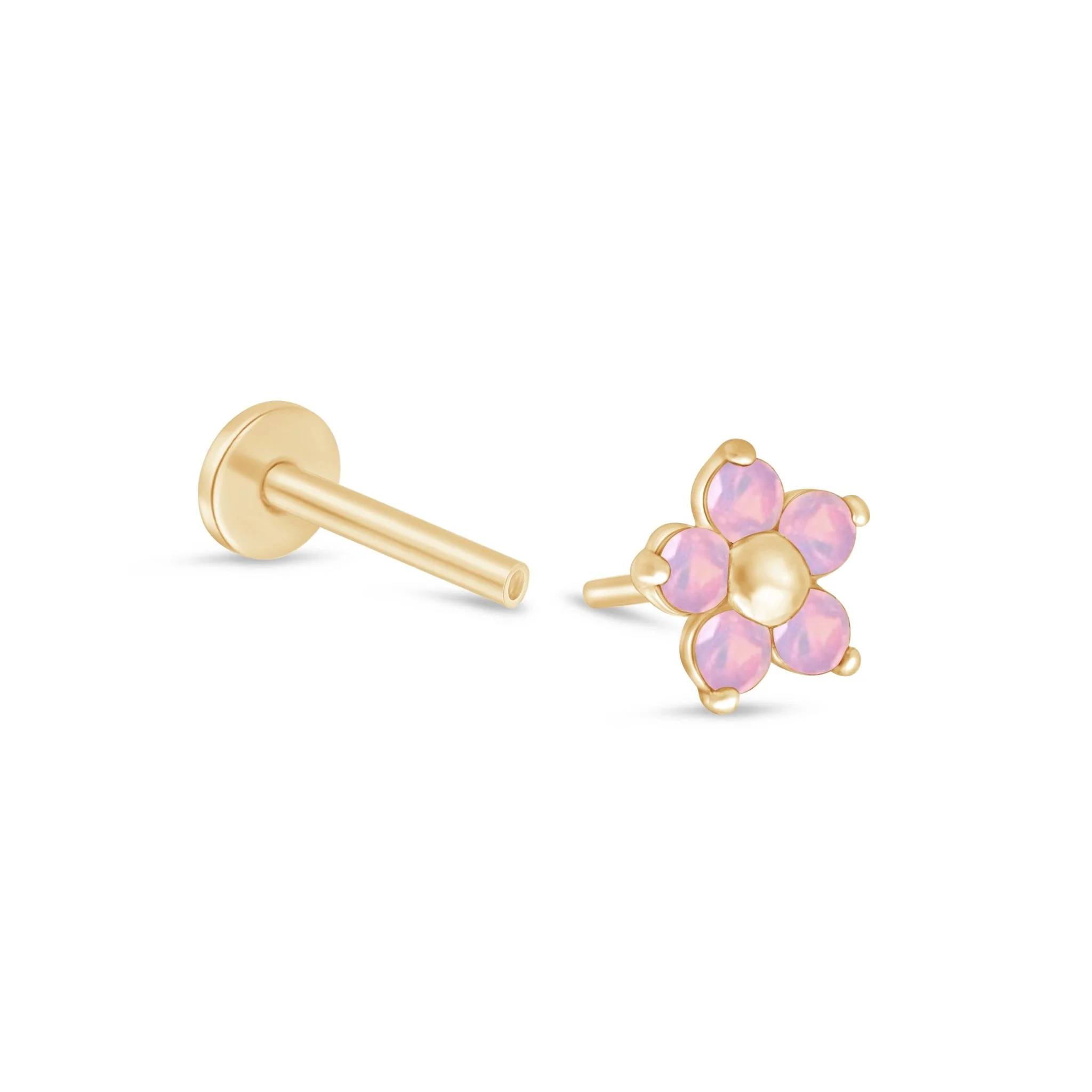 Yellow Gold Pink Opal Flower Flat Back Earring - Image 11