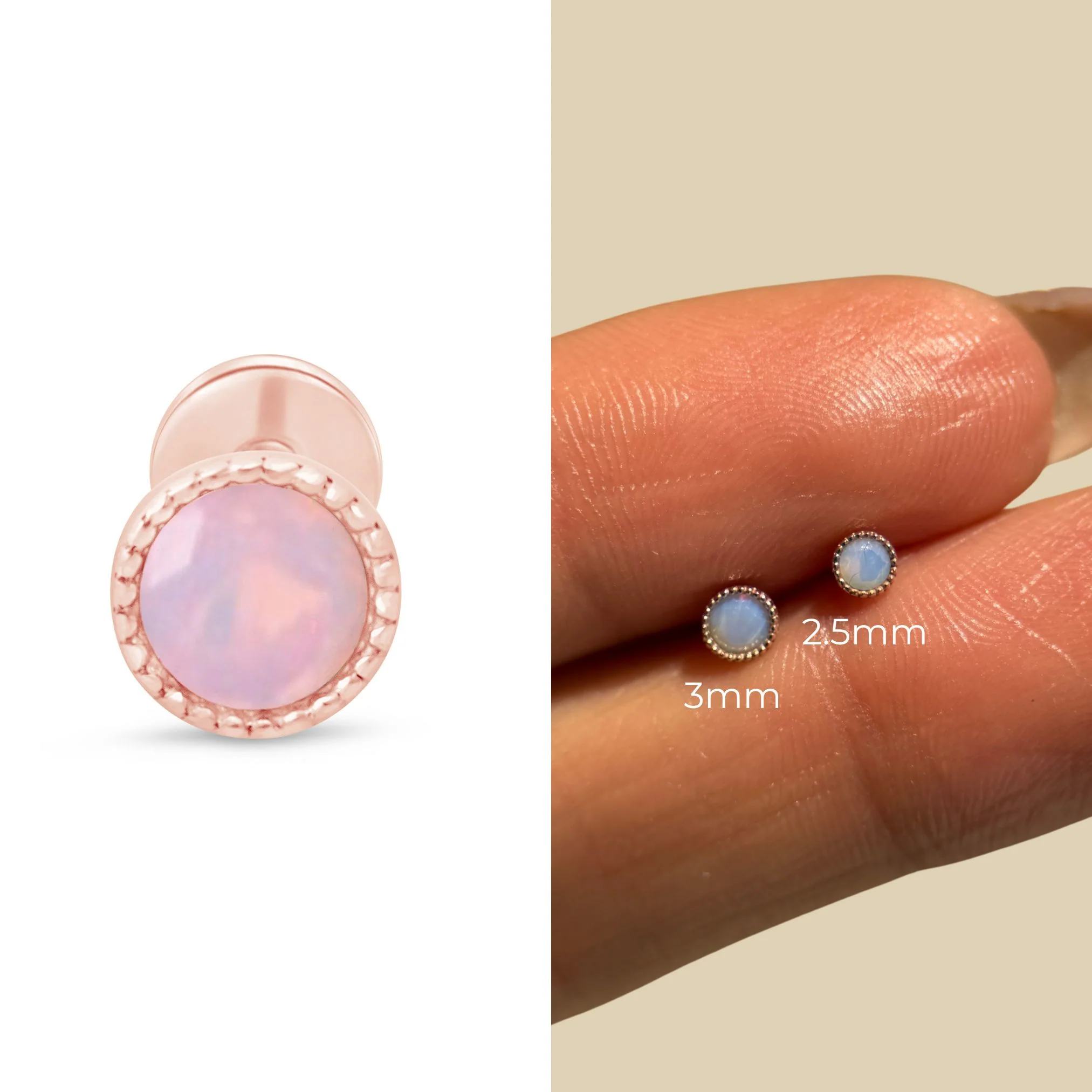 Rose Gold Pink Opal Milgrain Set Flat Back Earring - Image 10