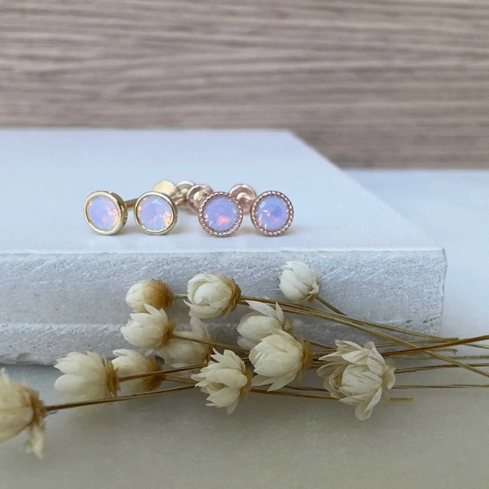 Rose Gold Pink Opal Milgrain Set Flat Back Earring - Image 4