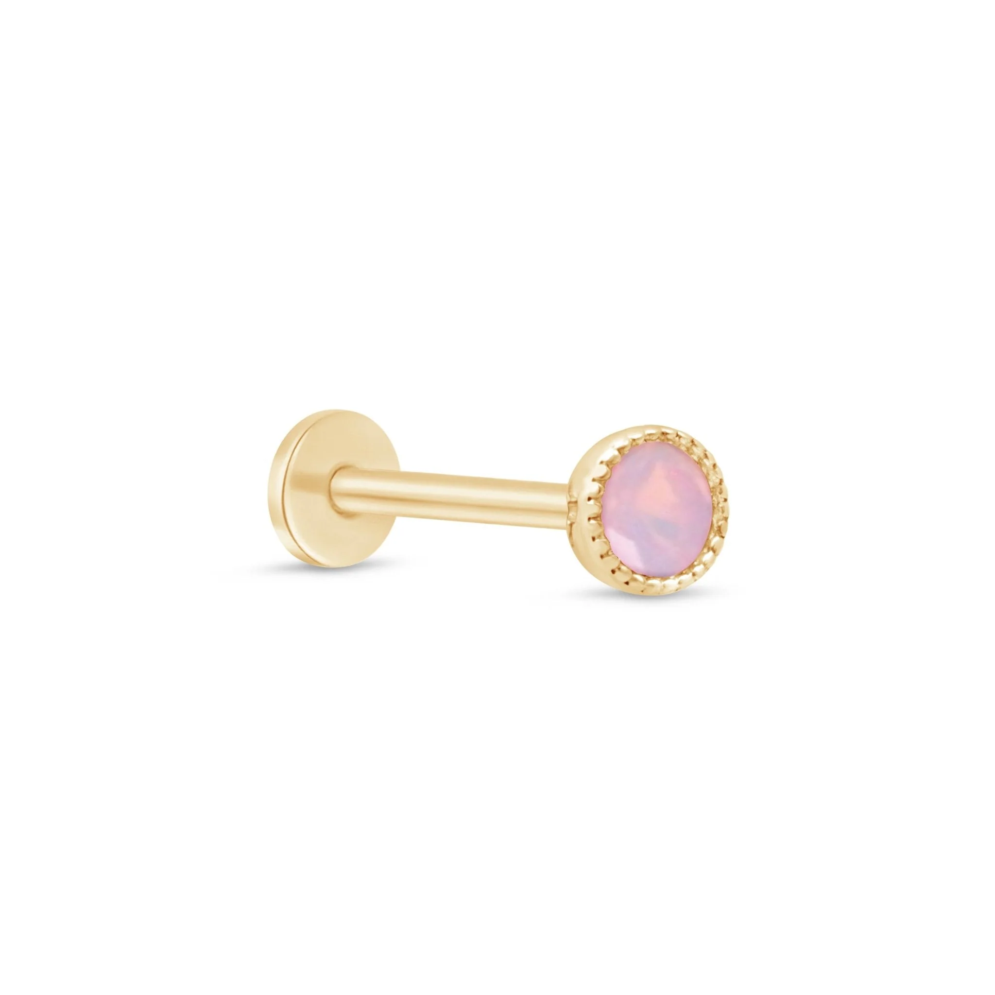 Yellow Gold Pink Opal Milgrain Set Flat Back Earring