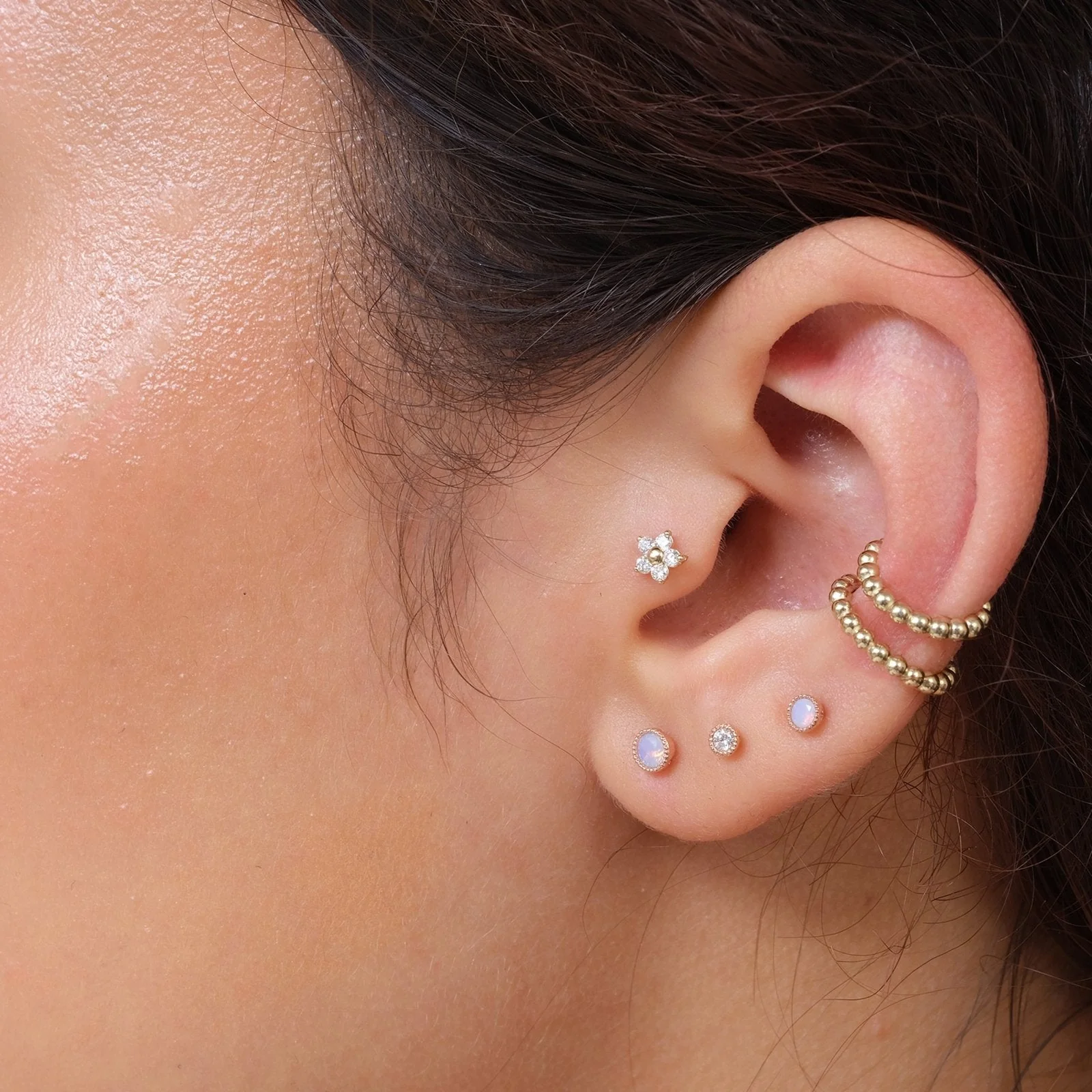 Yellow Gold Pink Opal Milgrain Set Flat Back Earring - Image 2
