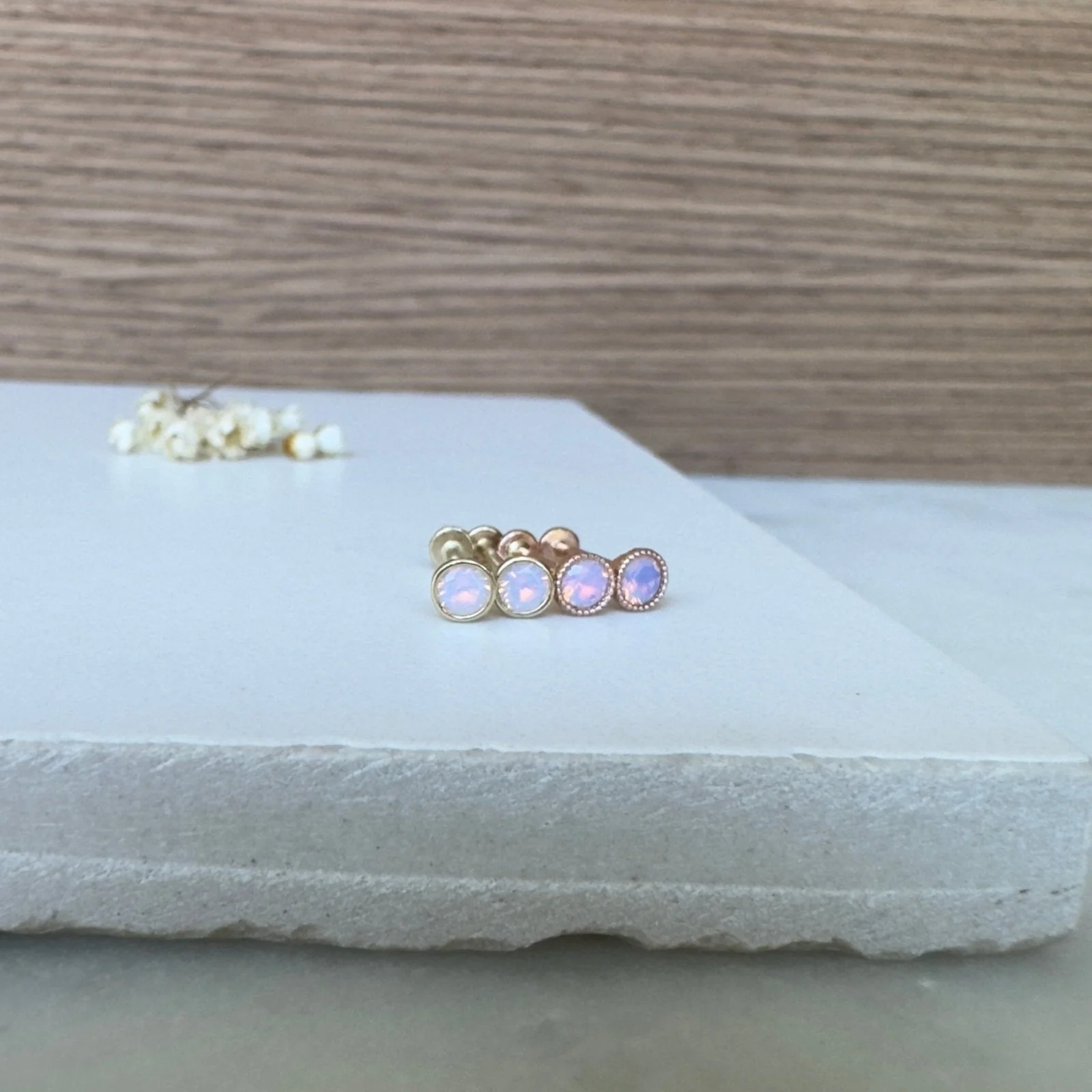 Yellow Gold Pink Opal Milgrain Set Flat Back Earring - Image 4