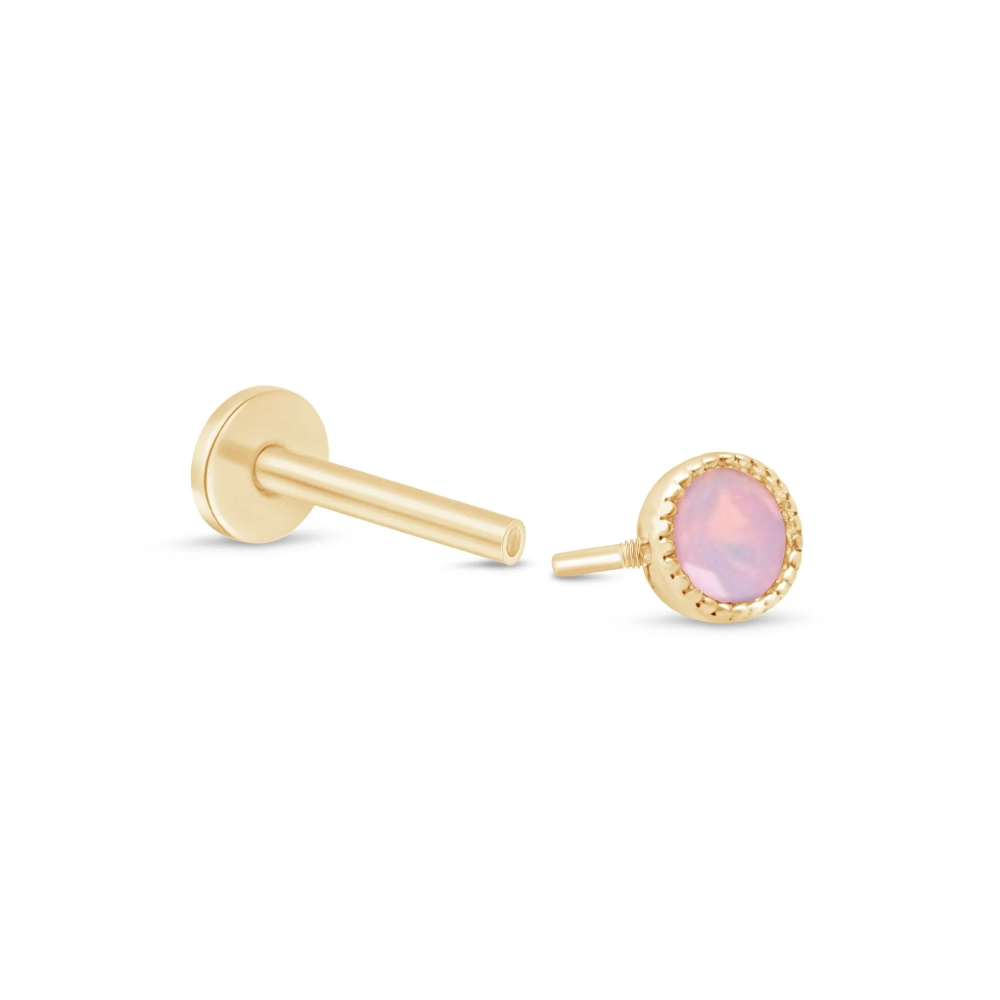 Yellow Gold Pink Opal Milgrain Set Flat Back Earring - Image 7
