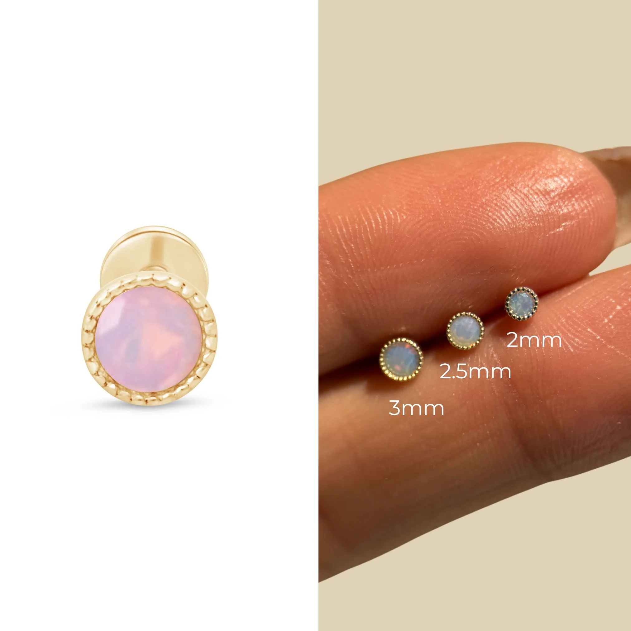 Yellow Gold Pink Opal Milgrain Set Flat Back Earring - Image 8