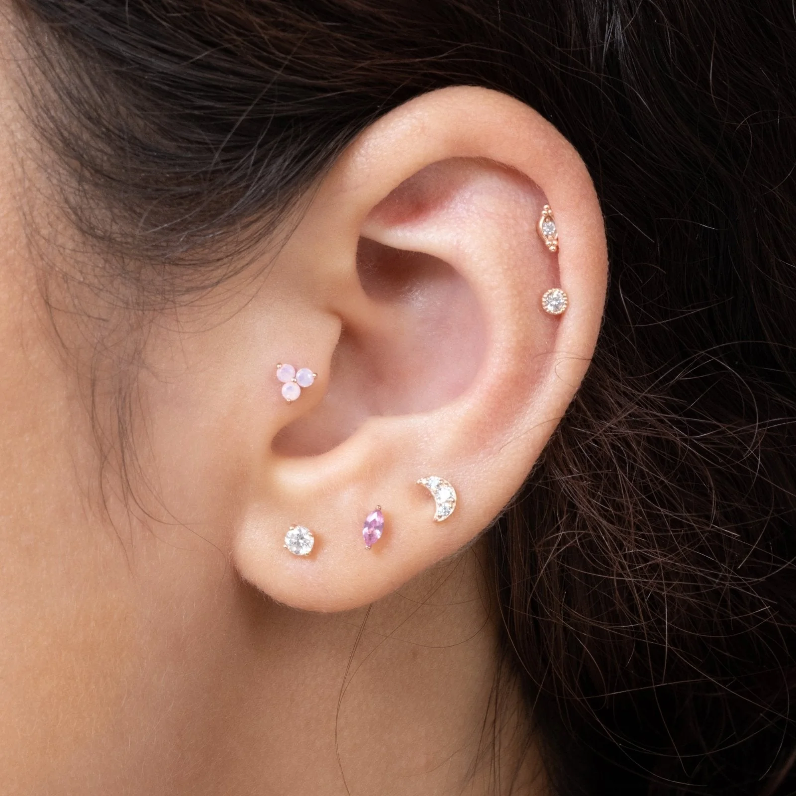 Rose Gold Pink Opal Trinity Cluster Flat Back Earring - Image 7