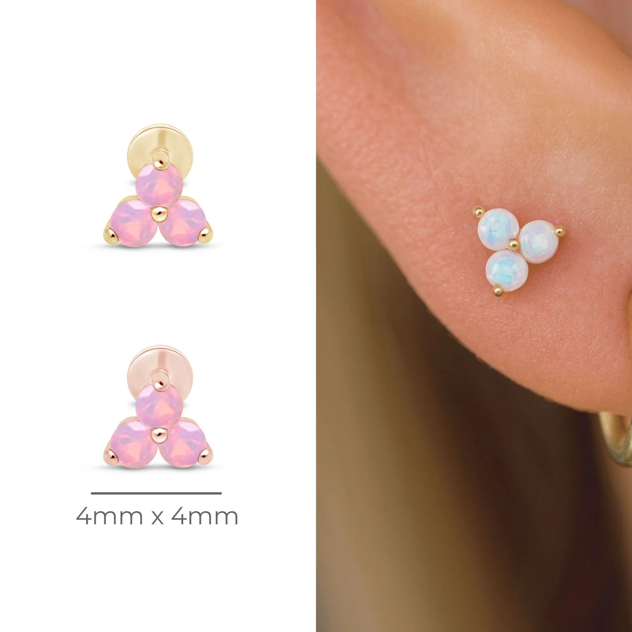 Rose Gold Pink Opal Trinity Cluster Flat Back Earring - Image 9
