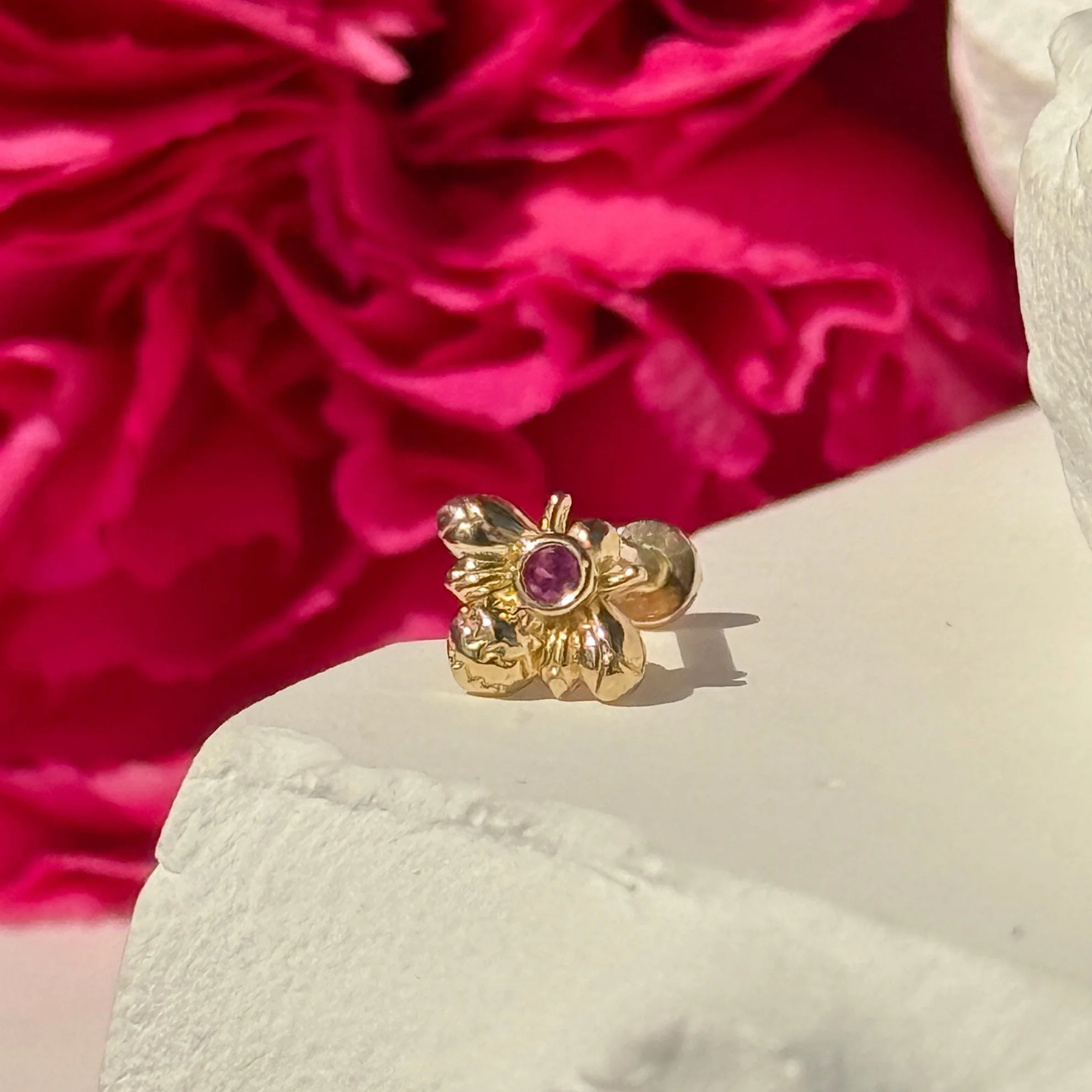 Rose Gold Pink Ruby Bee Flat Back Earring - Image 3