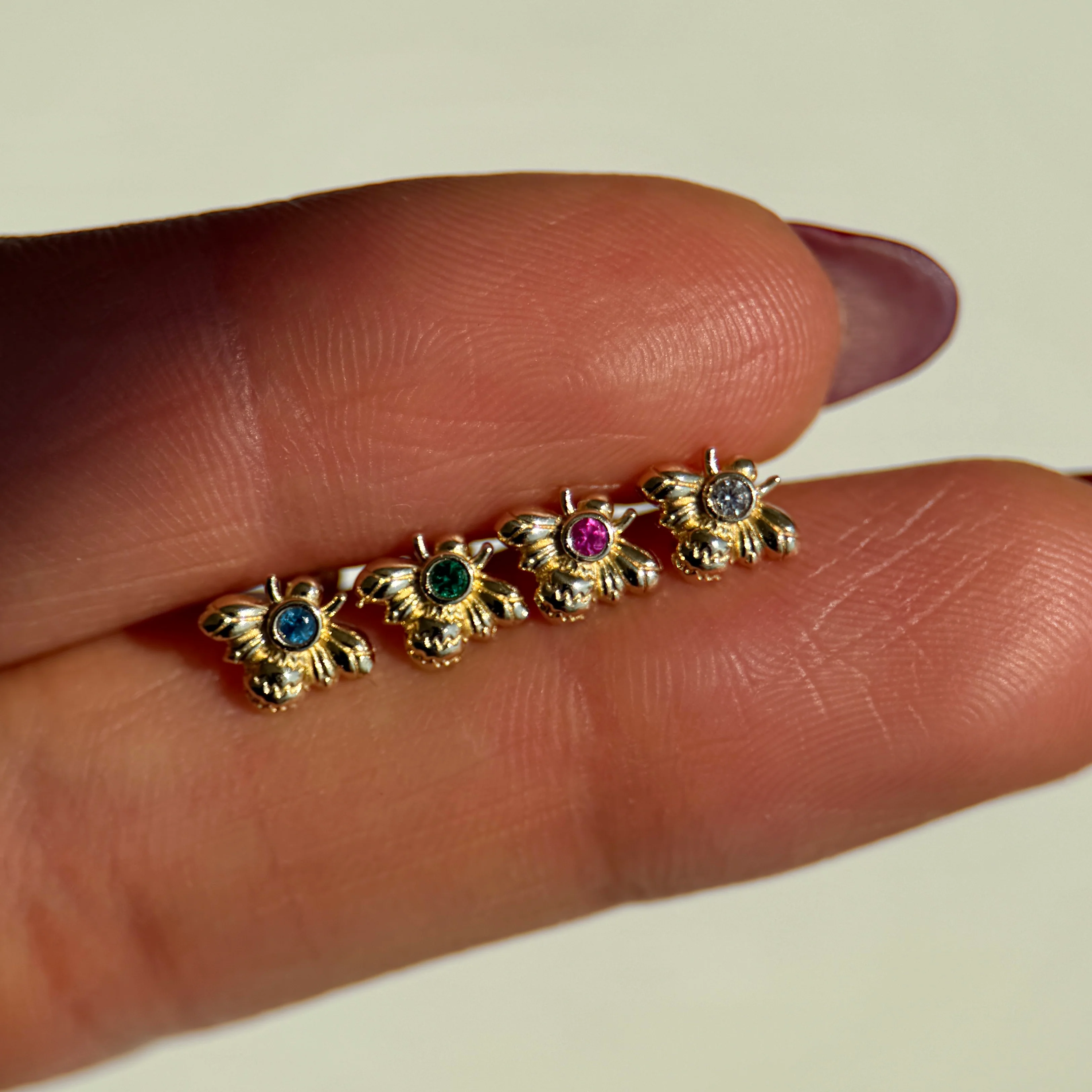 Yellow Gold Blue Topaz Bee Flat Back Earring - Image 6