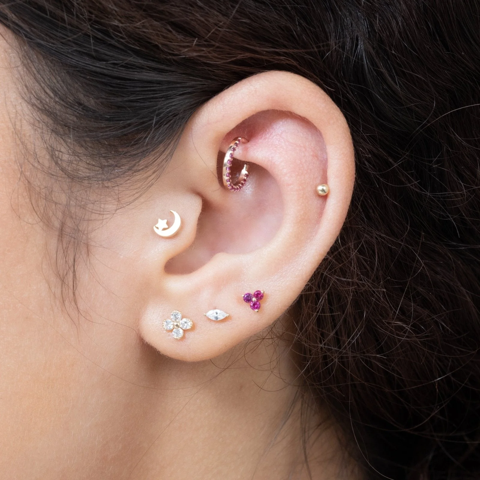Yellow Gold Pink Ruby Trinity Cluster Flat Back Earring - Image 11