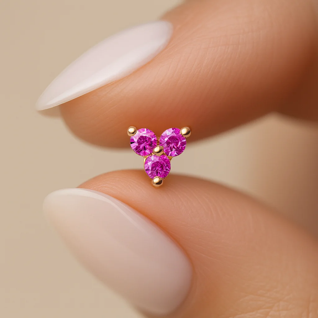 Yellow Gold Pink Ruby Trinity Cluster Flat Back Earring - Image 2
