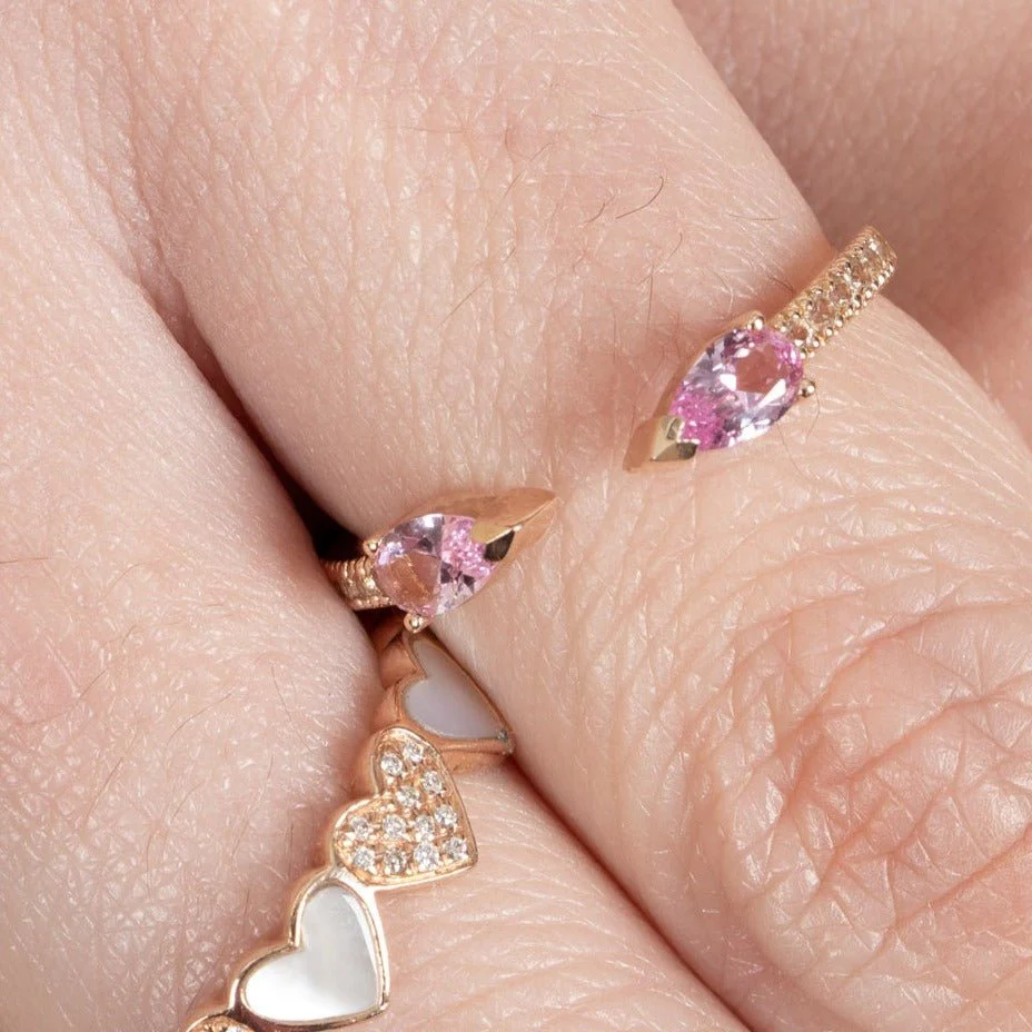 Pink Topaz Pear Open Cuff Ring in Solid 14k Yellow Gold - Image 4