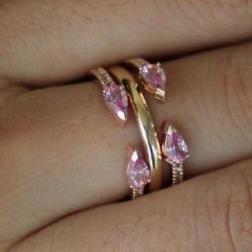 Pink Topaz Pear Open Cuff Ring in Solid 14k Yellow Gold - Image 5