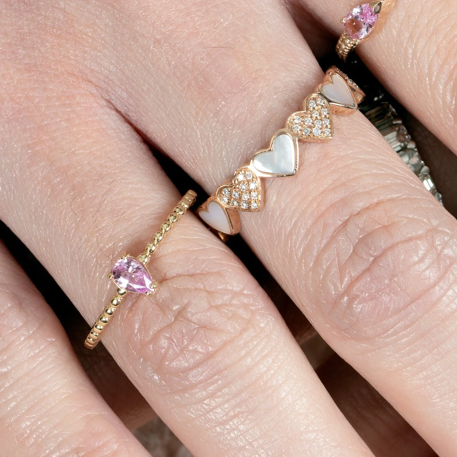 Pink Topaz Pear with Gemstone Studded Band in Solid 14k Yellow Gold - Image 8