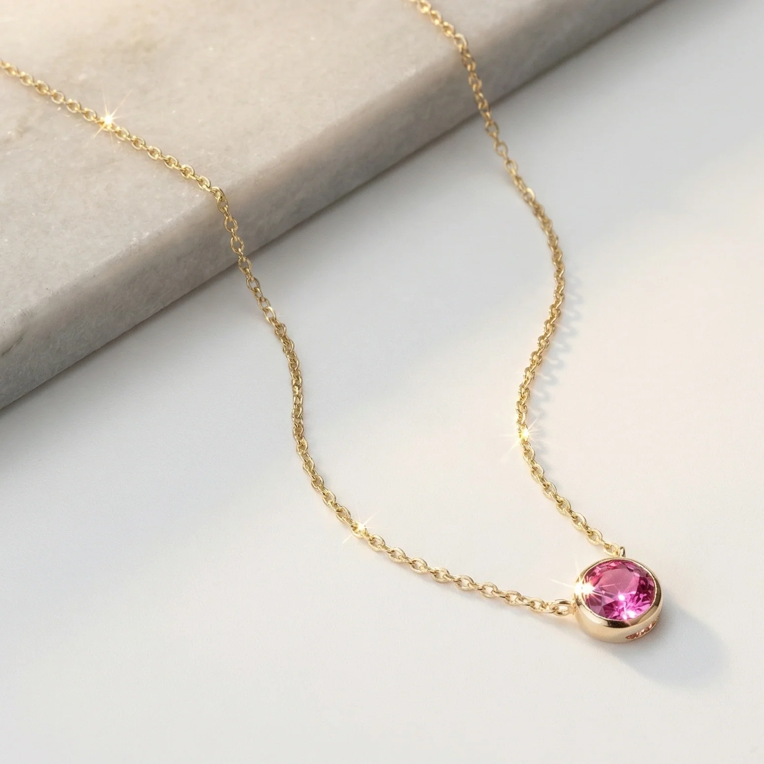 Yellow Gold Pink Tourmaline Bezel Station Necklace - Image 2